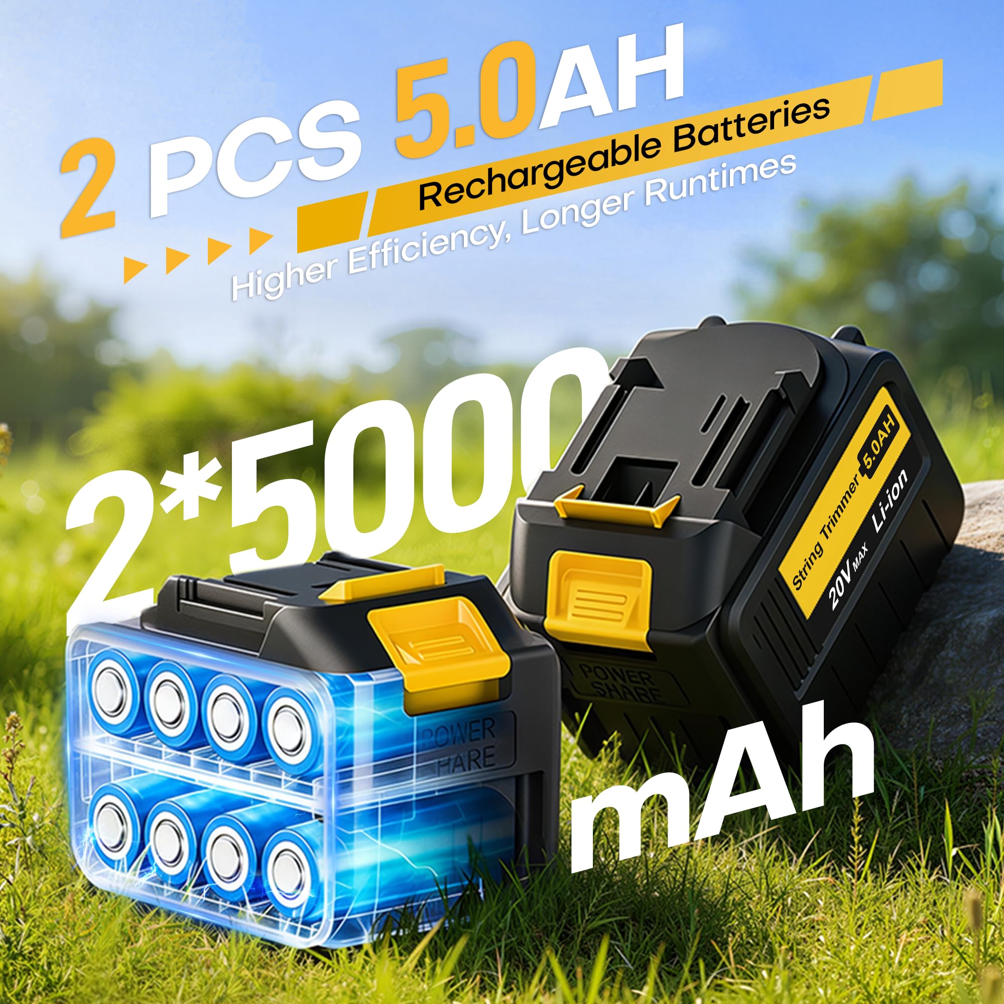 Désherbeur électrique de 38,1 cm sans fil avec 2 batteries 20 V 5,0 Ah, alimentation automatique, tondeuse à gazon et coupe-bordures, débroussailleuse alimentée par batterie pour jardin et cour