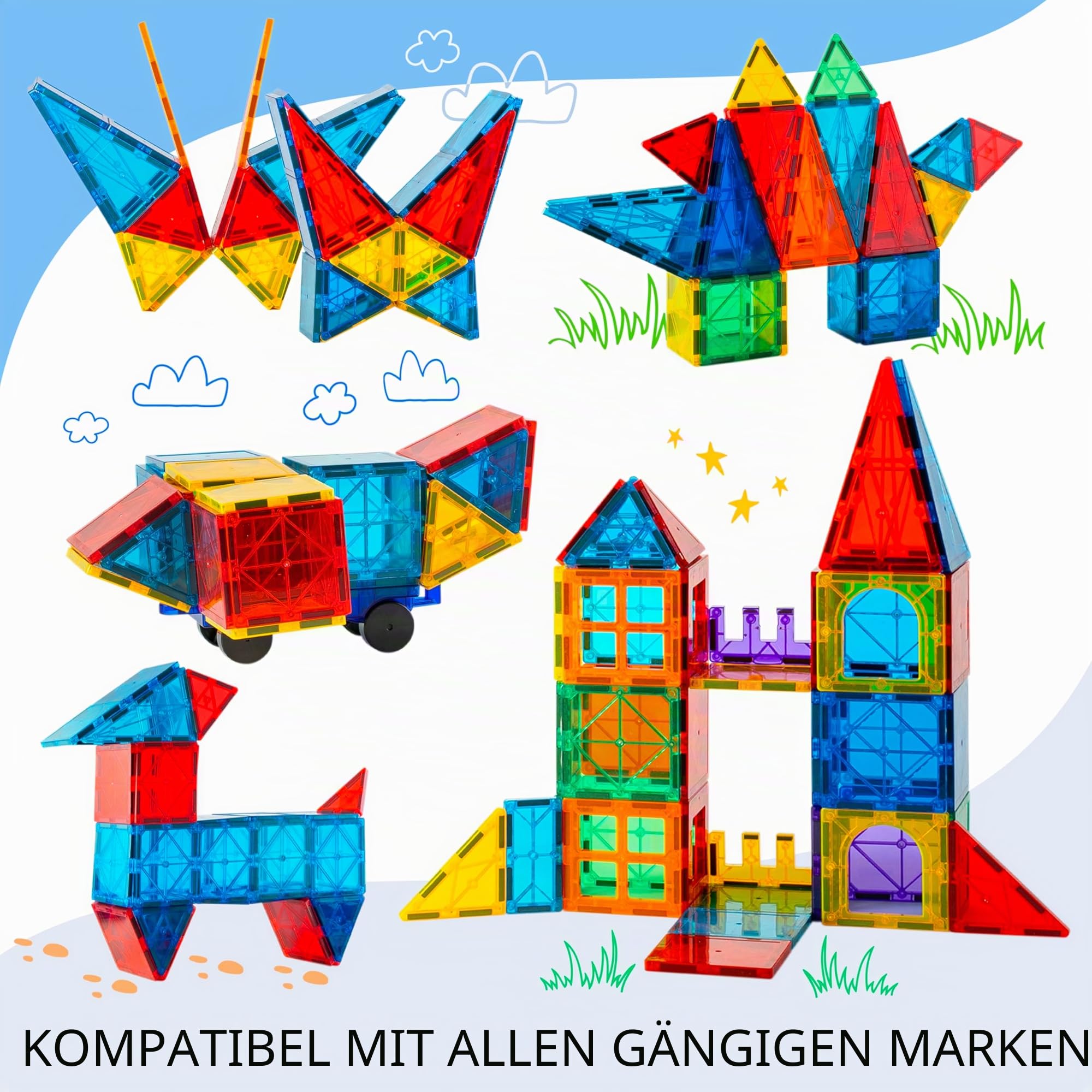 SUNNY AUNTIE Magnetische Fliesen, 150-teiliges XL-Set mit Aufbewahrungstasche, magnetische Bausteine für Kinder im Alter von 3–8 Jahren, STEM-Magnet-Bauspielzeug für Jungen und Mädchen