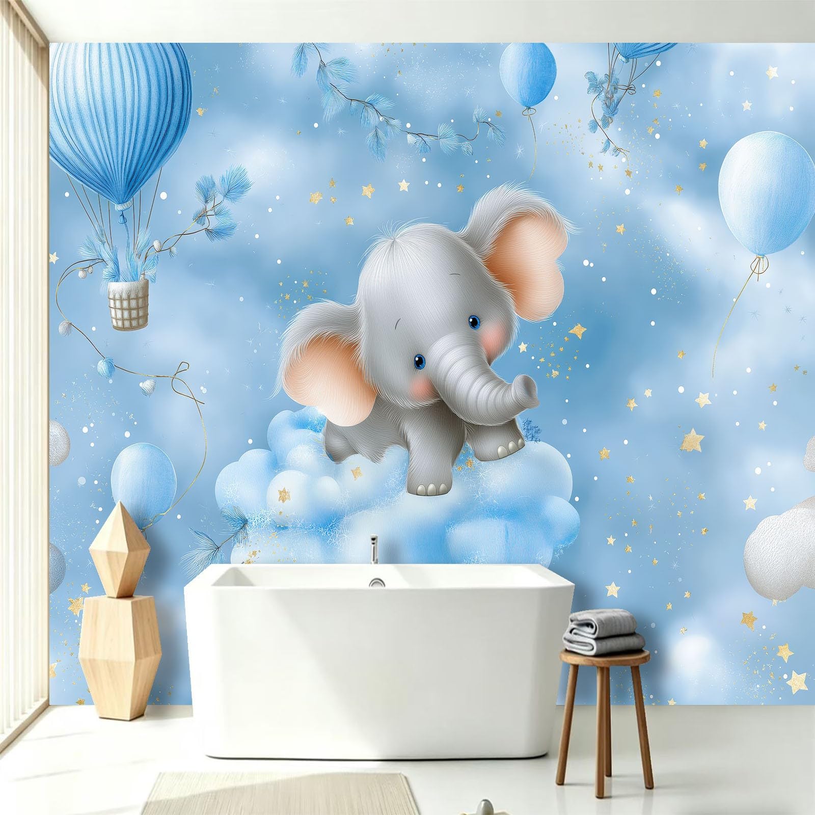 Panoramiczna tapeta bajkowe gwiaździste niebo - fototapeta z włókniny idealna do salonu sypialni i pokoju dziecięcego, uroczy balon słoń dekoracja ścienna do wnętrz 300 x 210 cm