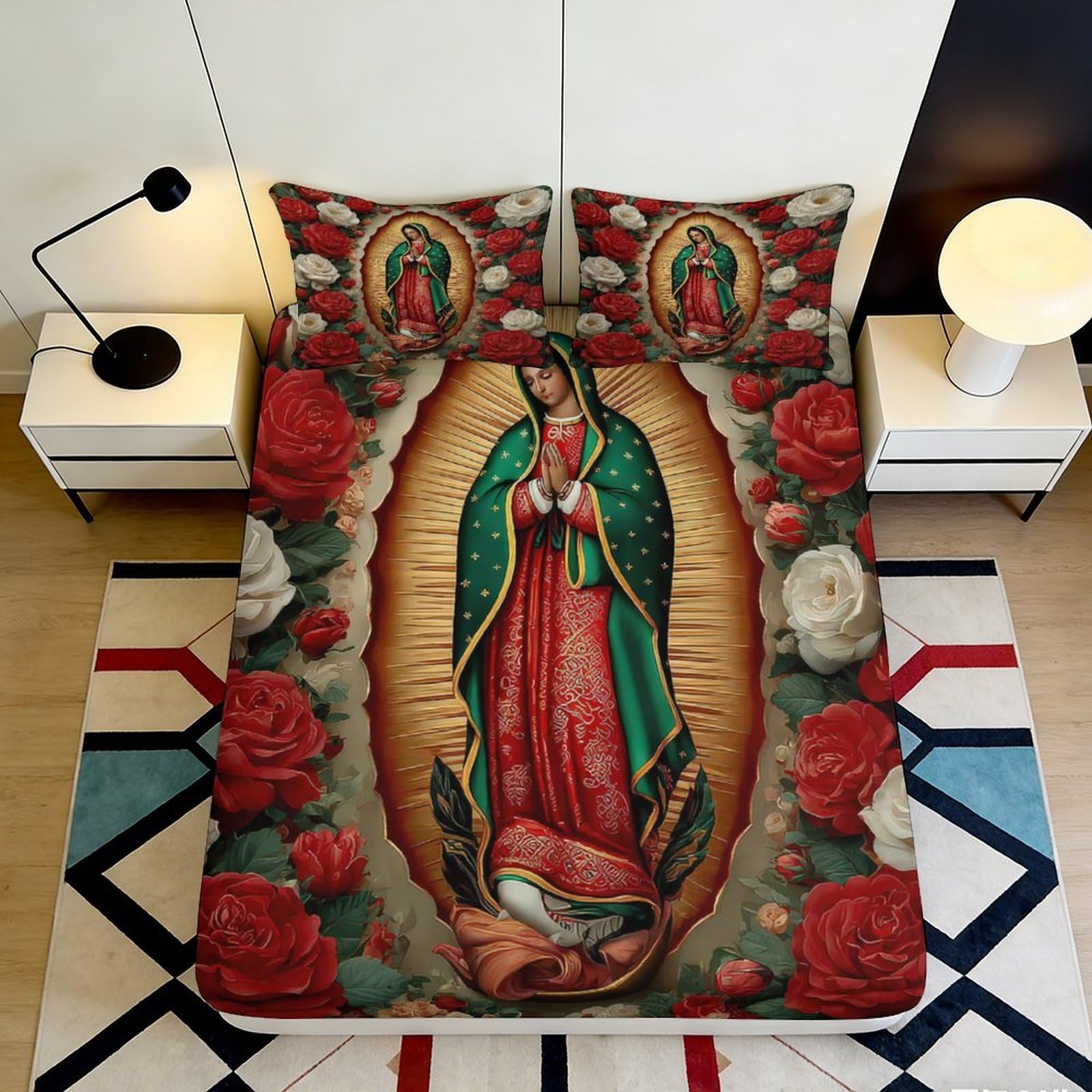 3D Printed Virgin of Guadalupe Fitted Sheet Microfiber Floral Bed Cover for Bedroom Dorm Guest Room Mattress Protection Decor 90x200x25cm