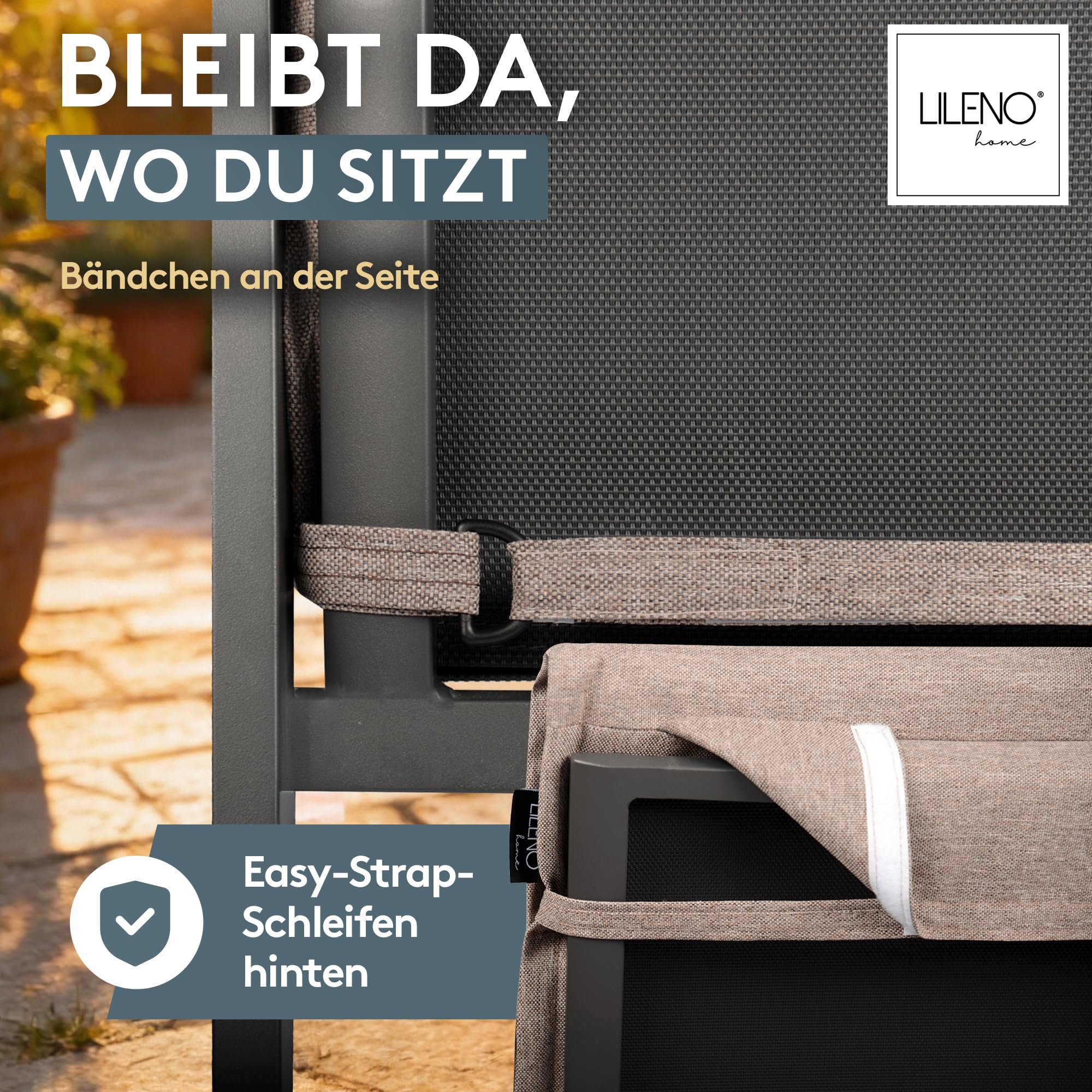 LILENO HOME Gartenstuhl Auflagen als [2er Set - Niedriglehner] in Taupe - Bequeme Liegen als Sitzauflagen für Gartenmöbel - Stuhlkissen für Gartenstühle und Klappstühle