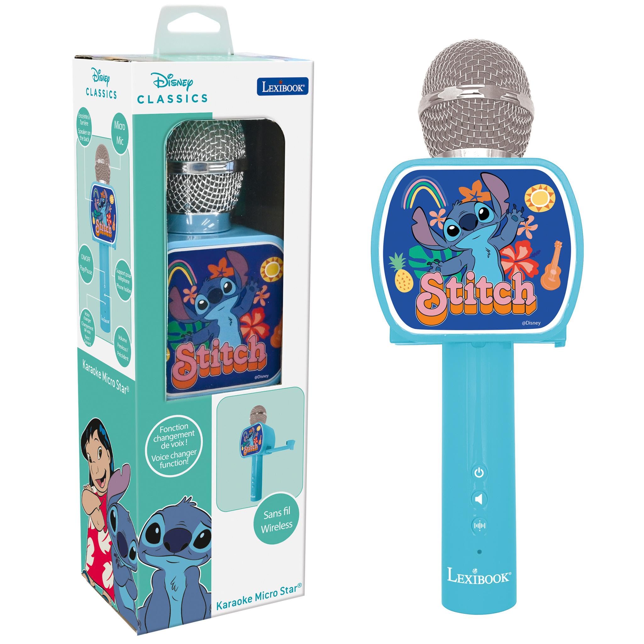 Lexibook, Disney Stitch, Bluetooth® Microphone with voice change function, Built-in speaker, Phone holder included, Blue, MIC240DLXB