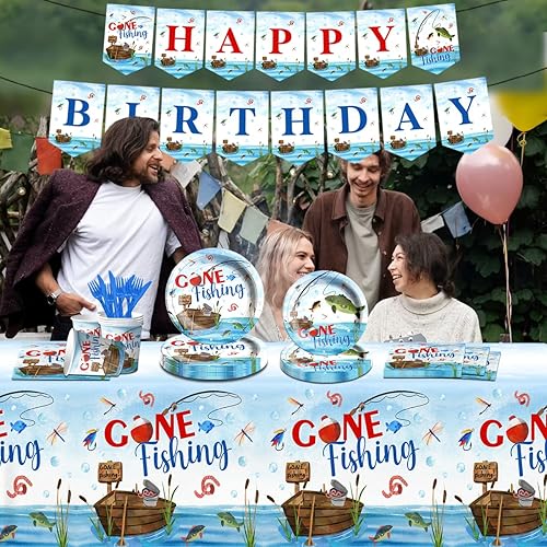 Miniatura 5 de 142 piezas de vajilla de pesca, decoración de fiesta de cumpleaños de pesca, mantel desechable con temática de pescador, platos, servilletas, tazas,
