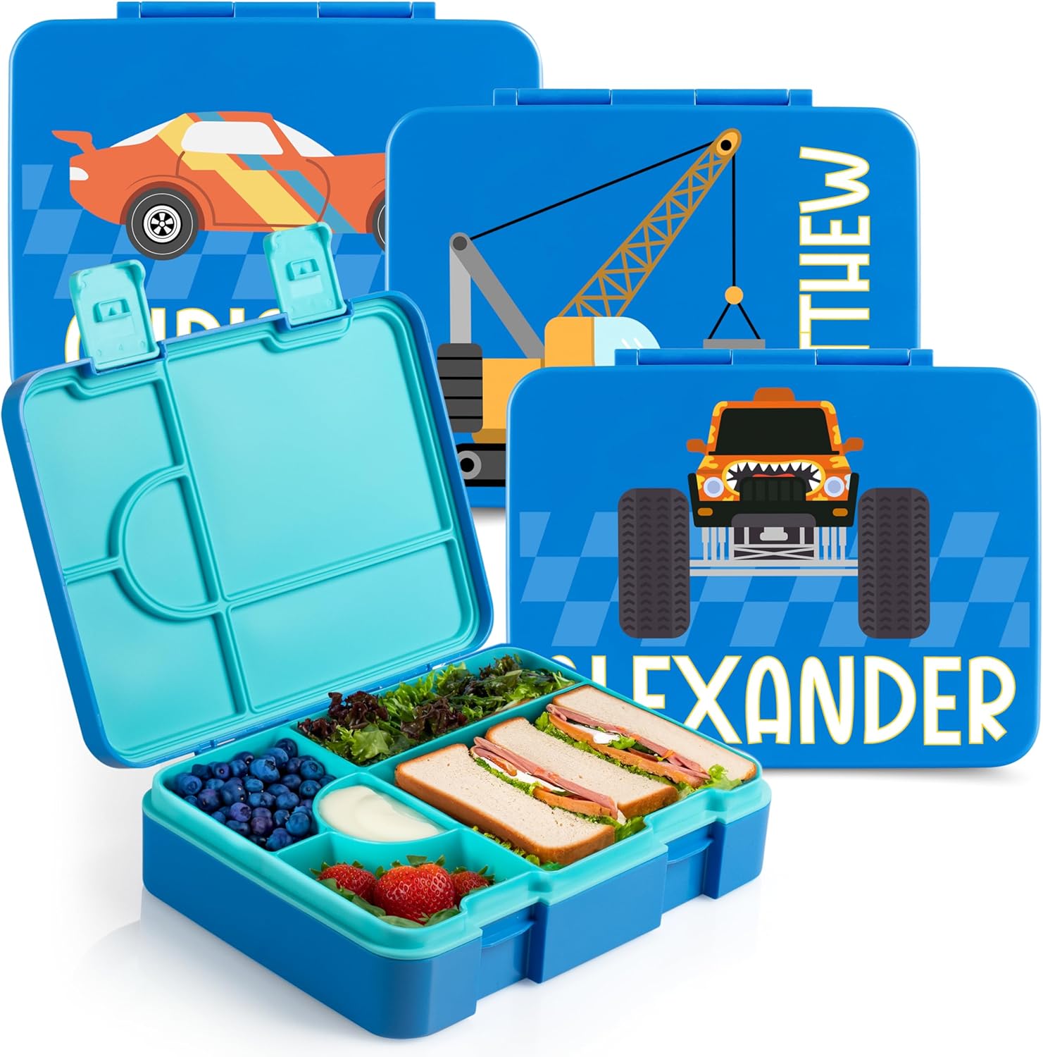 Personalized Bento Box for Kids with Vehicle Icon and Name - Royal Blue - 5 Compartments Drop-Proof Bento Box, Dishwasher Safe, Made with BPA-Free Materials, Bento Lunch Box for Kids and Toddlers