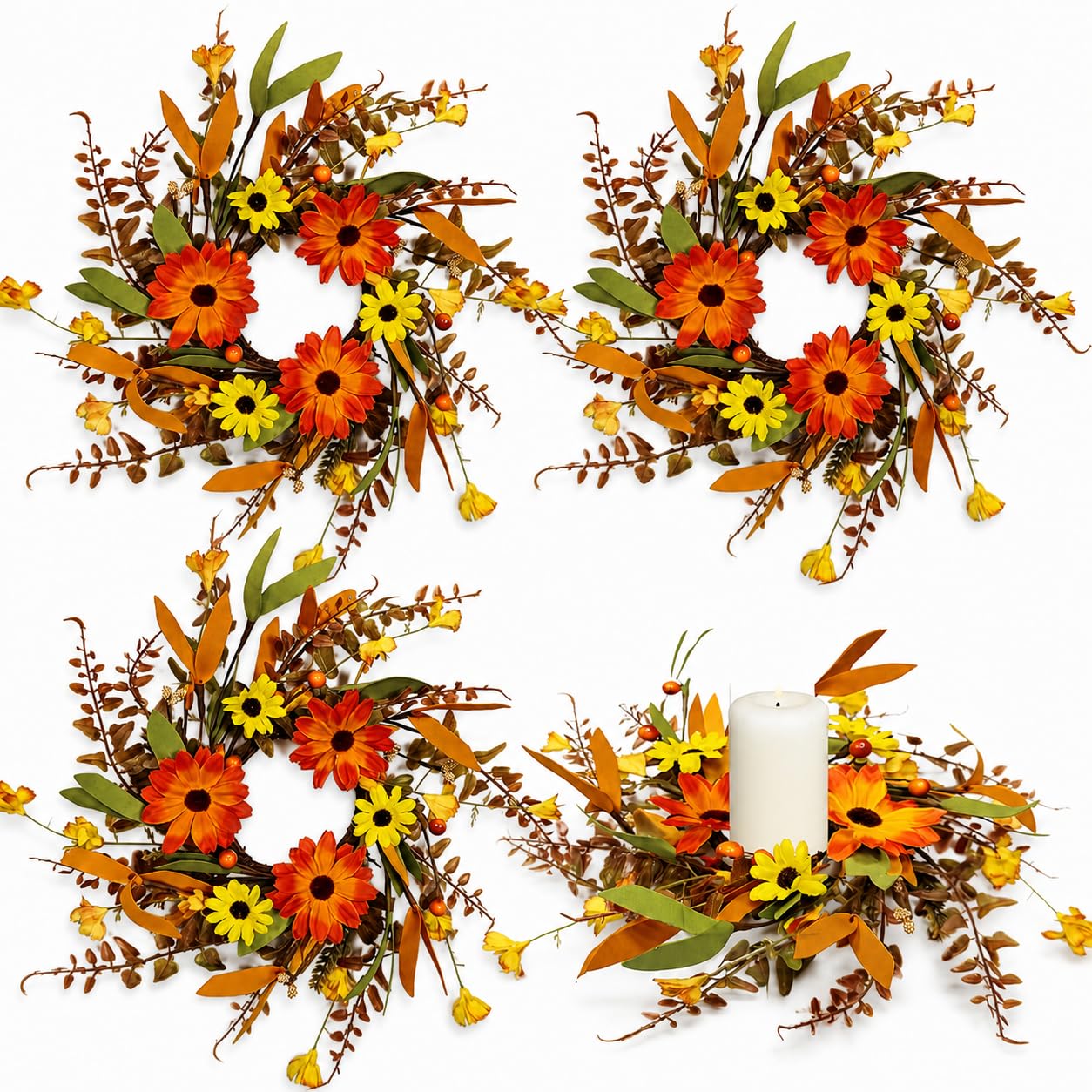4 Pcs 3 Inch Mini Fall Daisy Candle Rings Thanksgiving Table Centerpieces