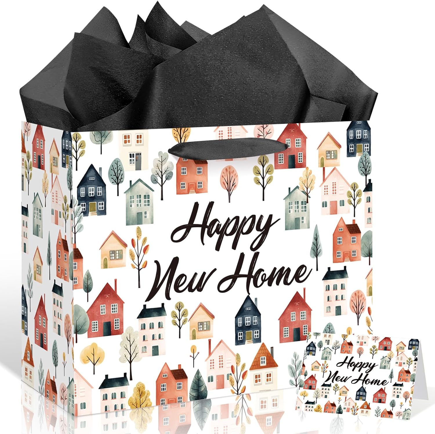 TagreSpike Housewarming Gifts Bag with Tissue Paper Greeting Card, Home Sweet Home Gift Bags Houses Print Wrapping Paper Bag for Friends Neighbors New House Buyers Agent Present Supplies