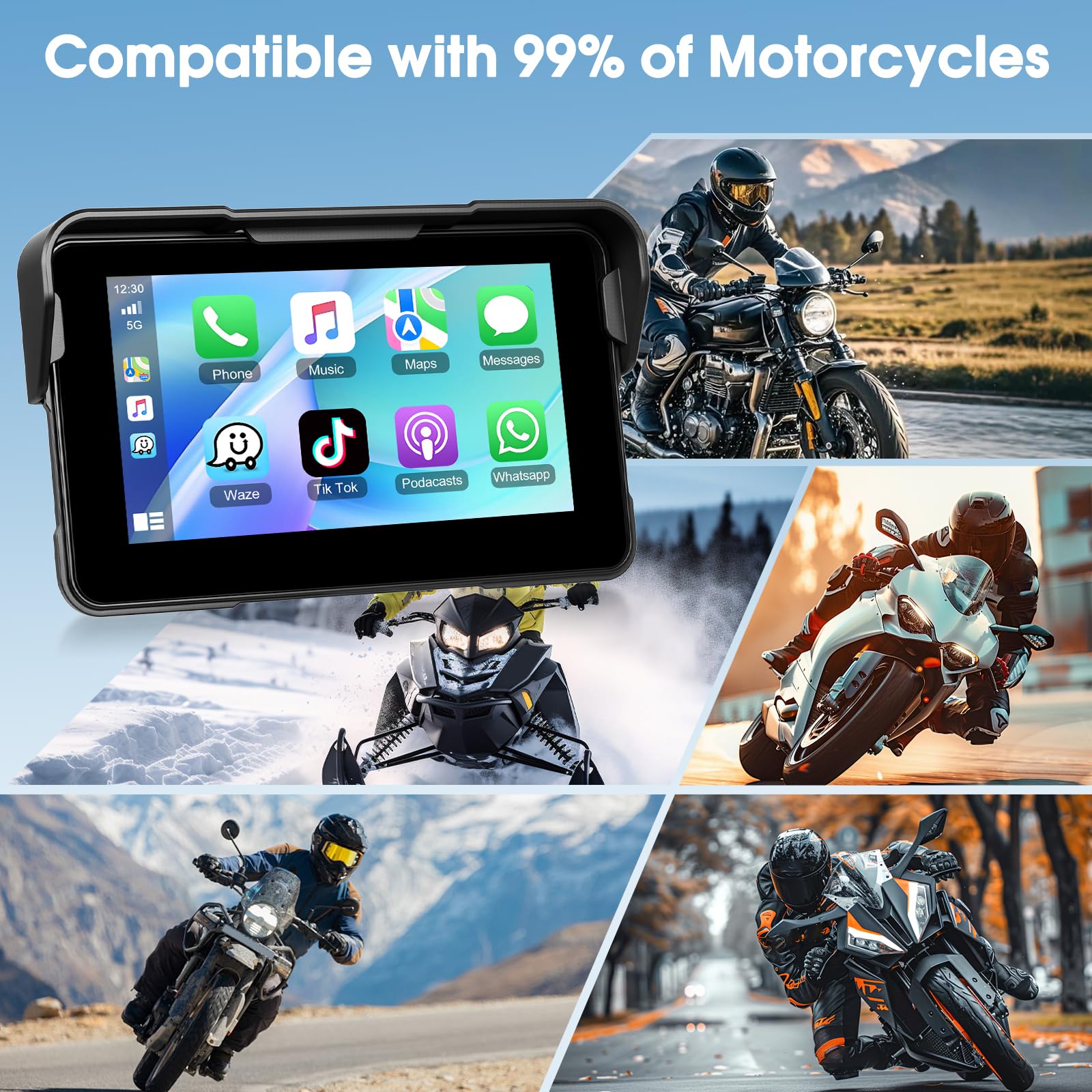 Navegación para Motocicleta con Apple Carplay Android Auto Inalámbrico, Autoradio Portátil con Pantalla Táctil HD De 5 Pulgadas con Bluetooth FM, Impermeable IP68, Navegación GPS, Tarjeta TF