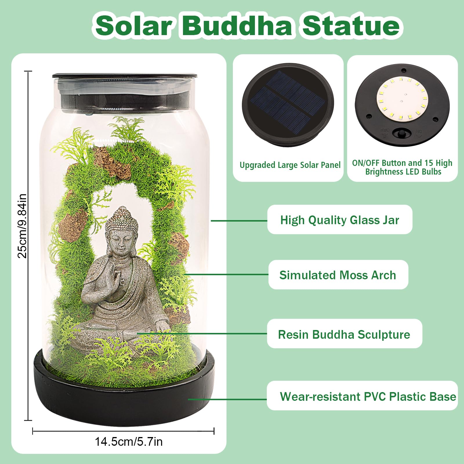 Statue de Bouddha de jardin solaire pour décoration d'intérieur – Sculptures de lumières solaires zen de 24 cm avec 15 LED, figurine de Bouddha assis, méditant, mousse sereine dans un pot pour