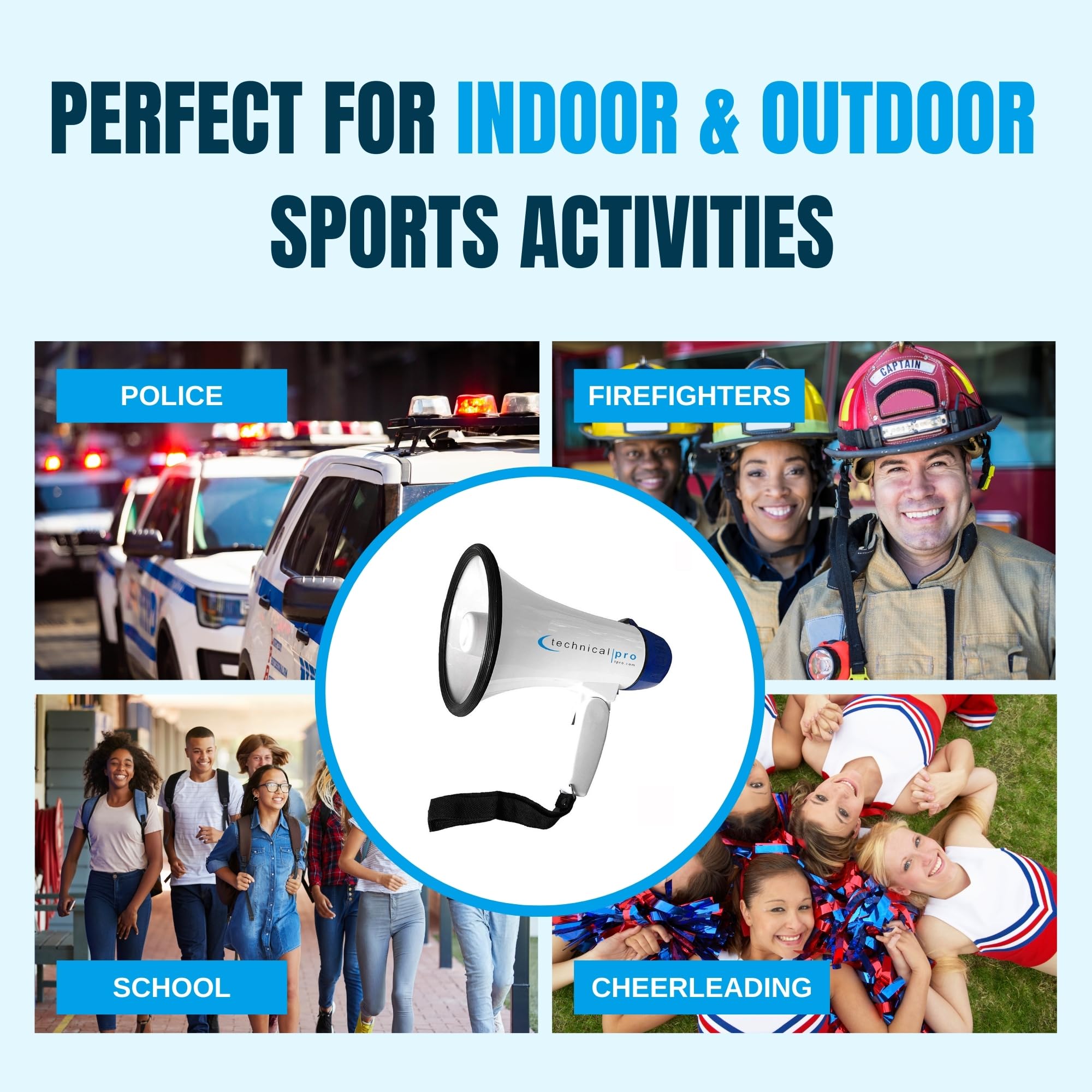 Technical Pro Megáfono MPH15 Altavoz PA con Alcance de hasta 800 Yardas para Eventos Deportivos, campamentos, Entrenadores de conducción y taladros de Seguridad, con Volumen Ajustable y Sirena