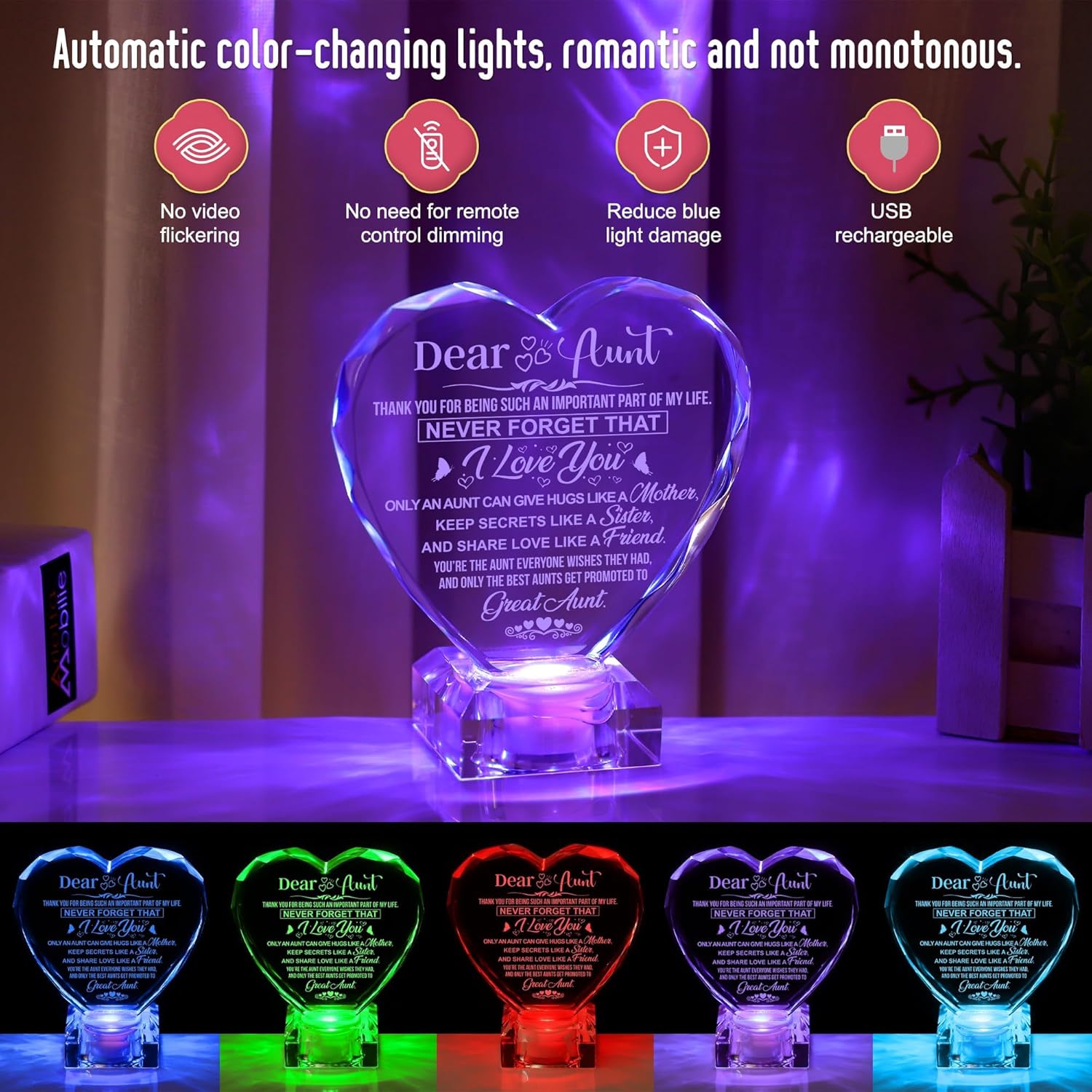 Unique Aunt Gifts, Love Crystal Christmas Birthday Gifts for Aunt, Engraved Crystal Heart with Rechargeable Color-Changing LED Base, Perfect Aunt Christmas Gifts - Image 3
