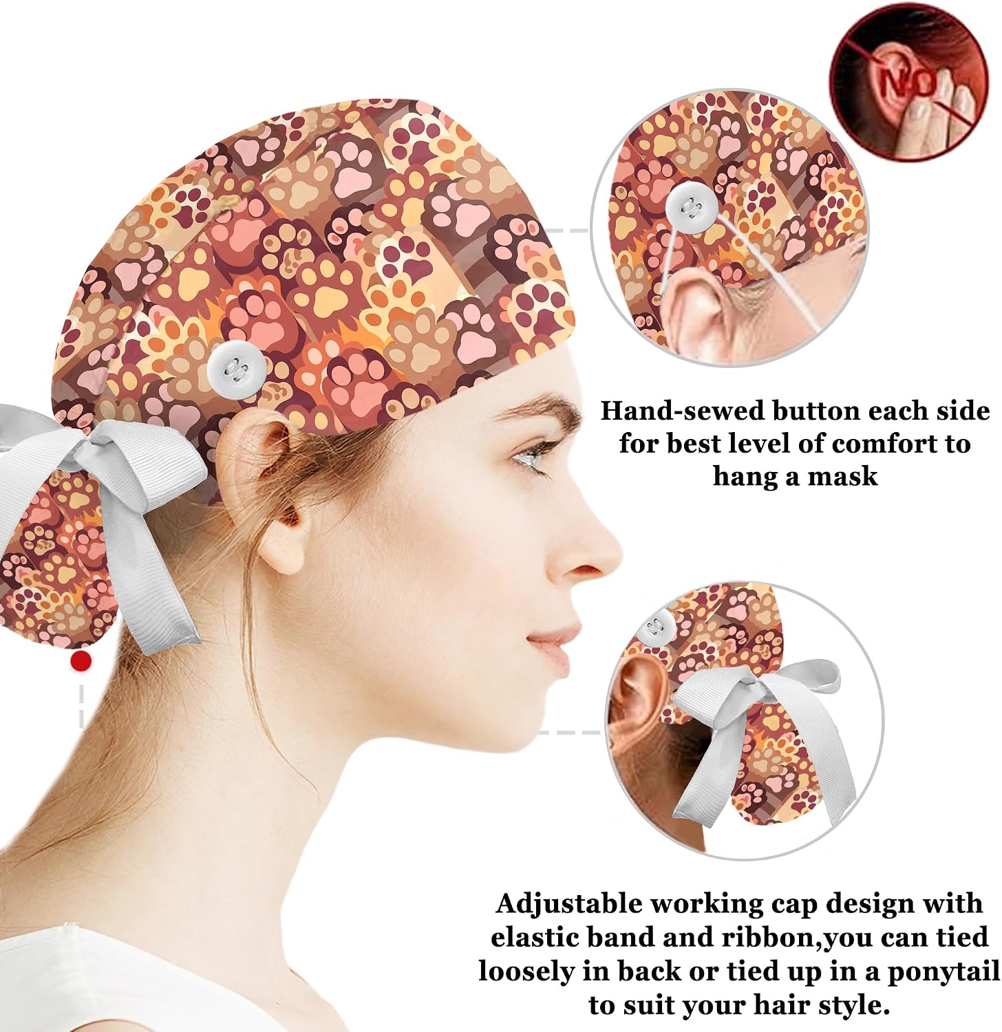 Scrub Caps Women with Ponytail, Surgical Cap with Buttons, Funny Cute Nurse Cap for Frog Cat Dinosaur Panda Butterfly - view 2