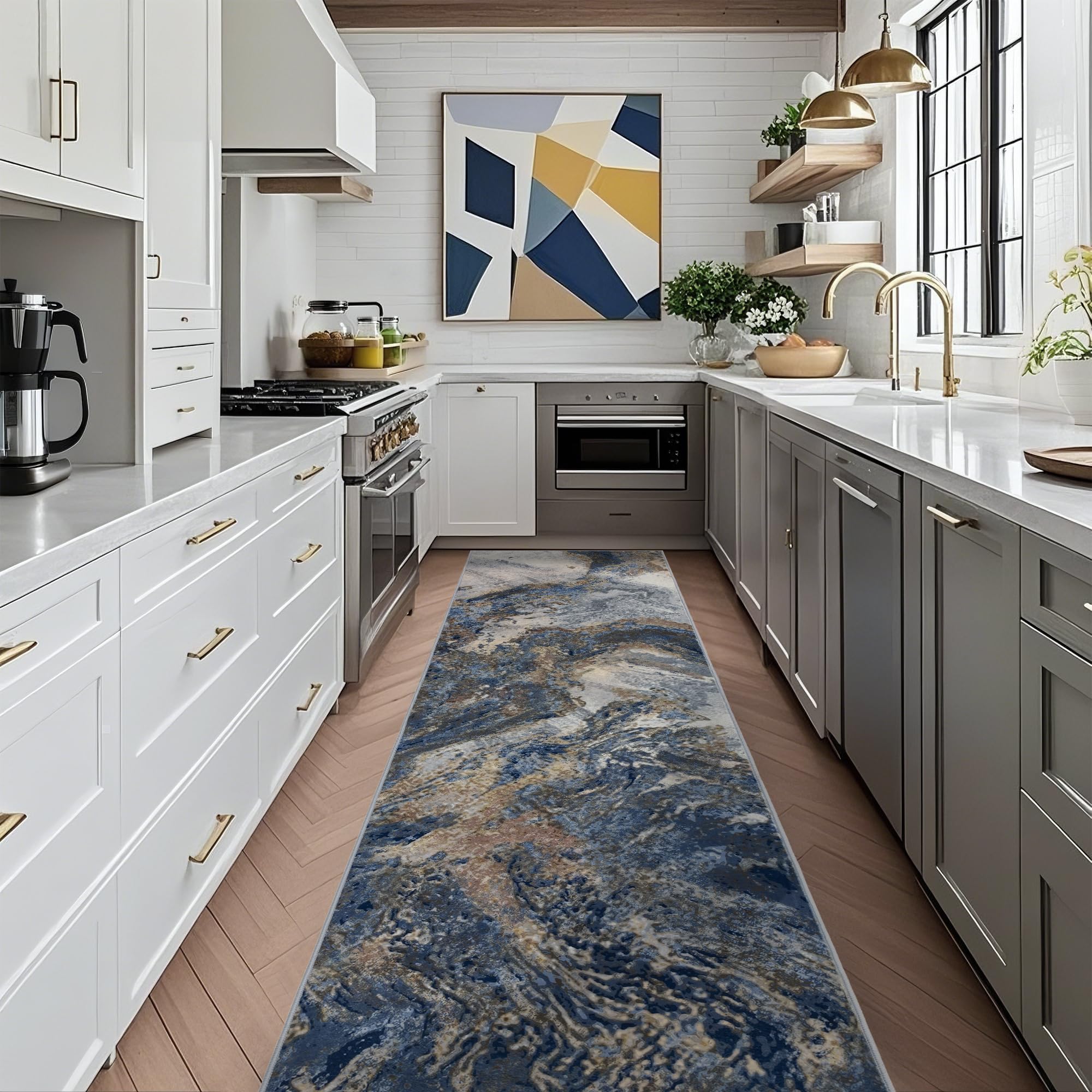 Abstract Washable Runner Rug for Kitchen: Modern Blue 2x10 Hallway Runner for En