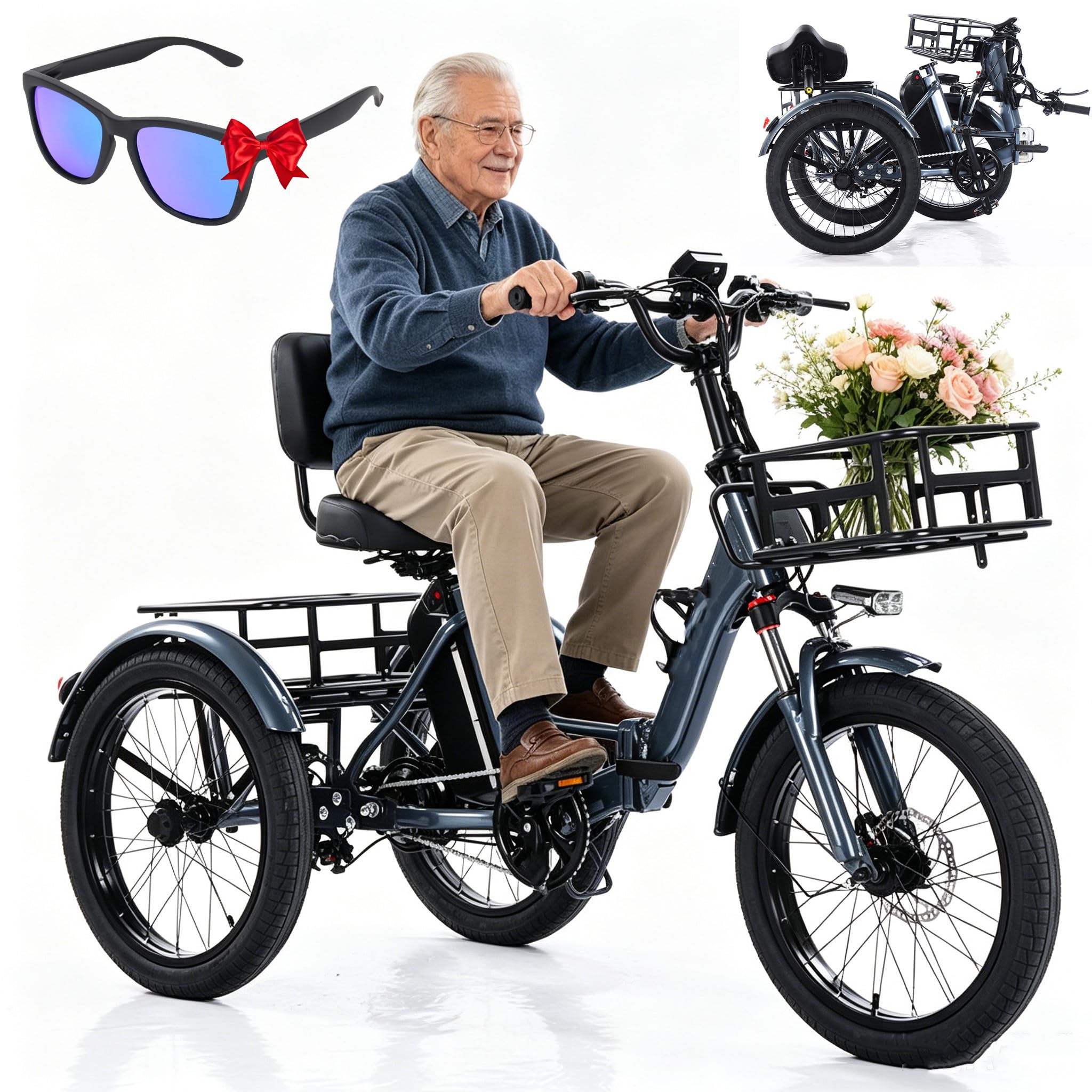 ZhouBSM Electric Tricycle for Adults - 3 Riding Modes, 20 X 2.5 Inch Fat Tyres, Aluminium Foldable E-Bike, Front & Rear Basket, Lcd Screen, 48V 13Ah Battery, For Elderly, Aldult Grey