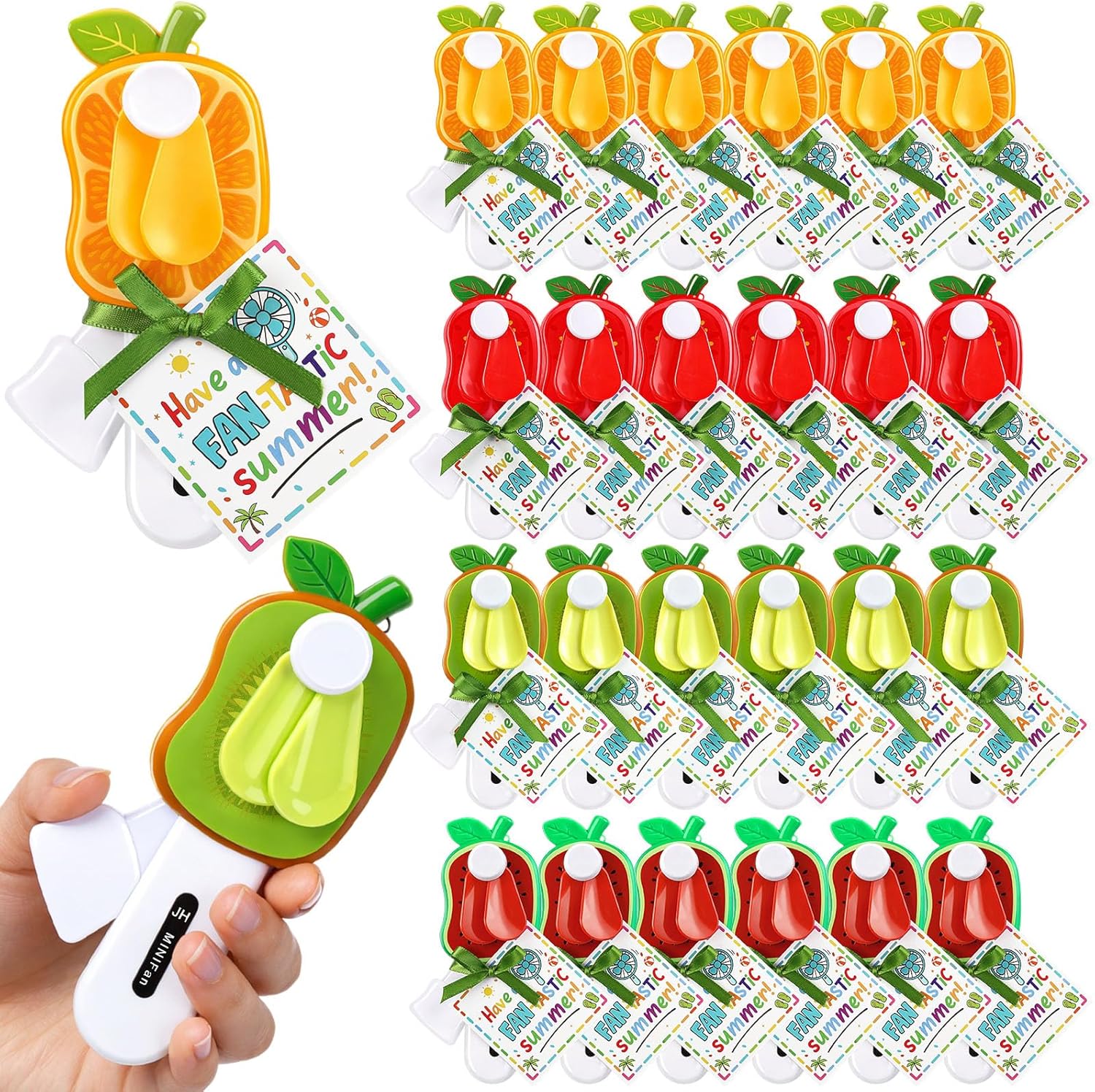 Fumete 24 Pack End of Year Student Gifts Mini Portable Hand Fans with Gift Tags & Ribbon, Fruit Theme Press Cooling Fans Bulk, Classroom Party Favors, Summer Event Giveaways