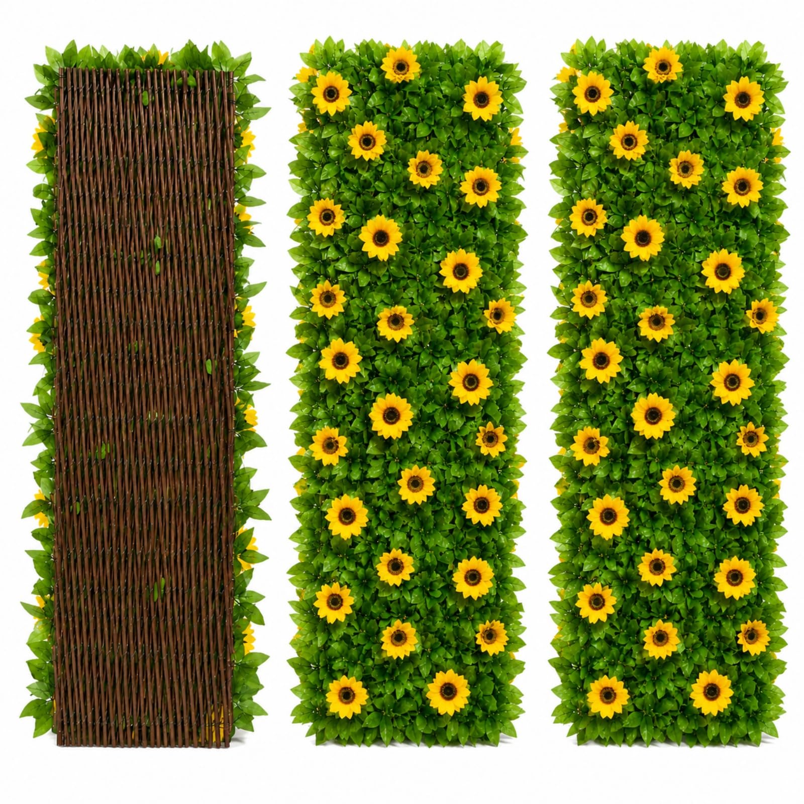Garden Trellis with Leaves, Expanding Garden Trellis Panels, Artificial Trellis Screening with Ivy and Violet Flower, Artificial Ivy and Violet Flower Fence Screening (Sunflowers*2)