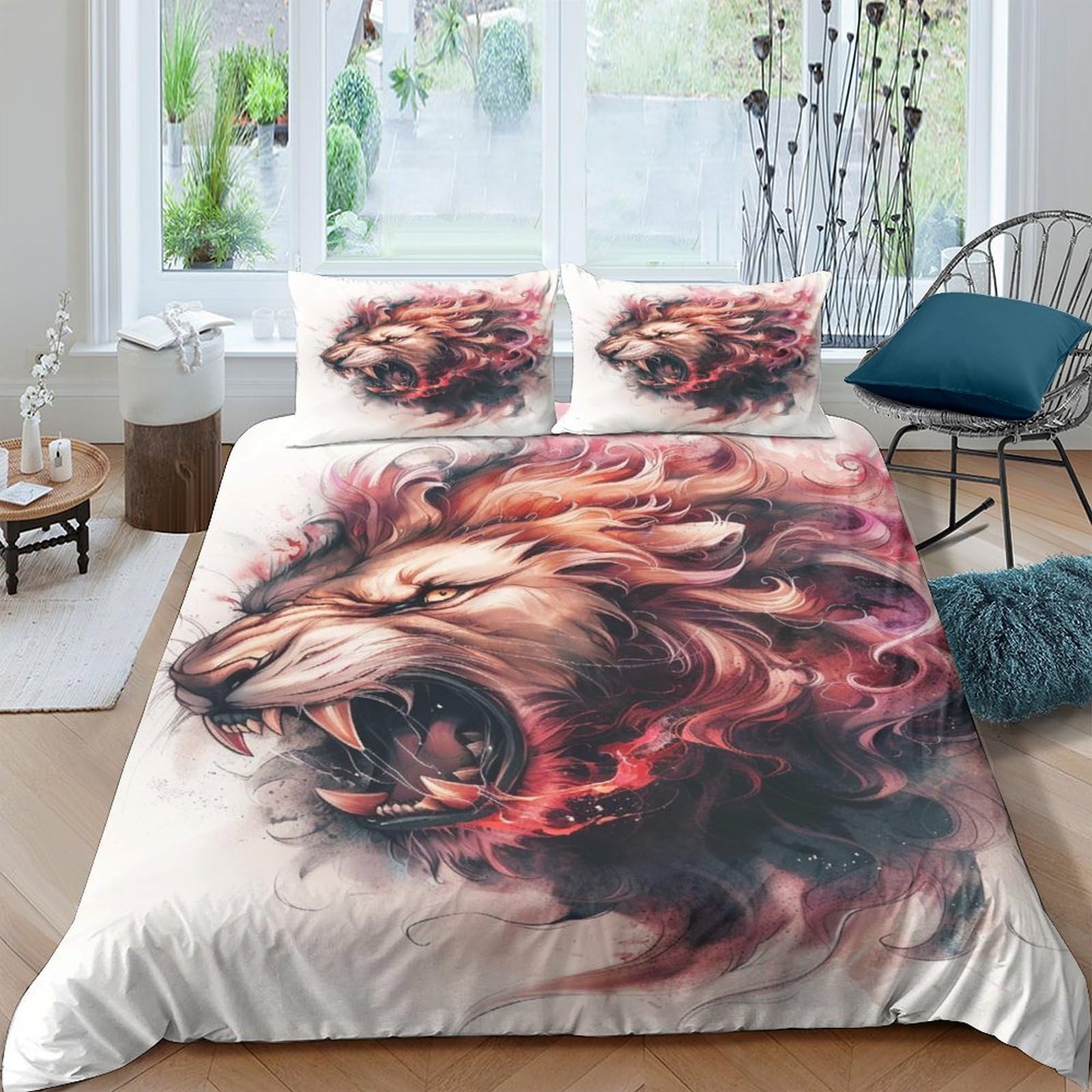 Housse de couette lion 200x200 parure de lit microfibre respirante 3 pcs