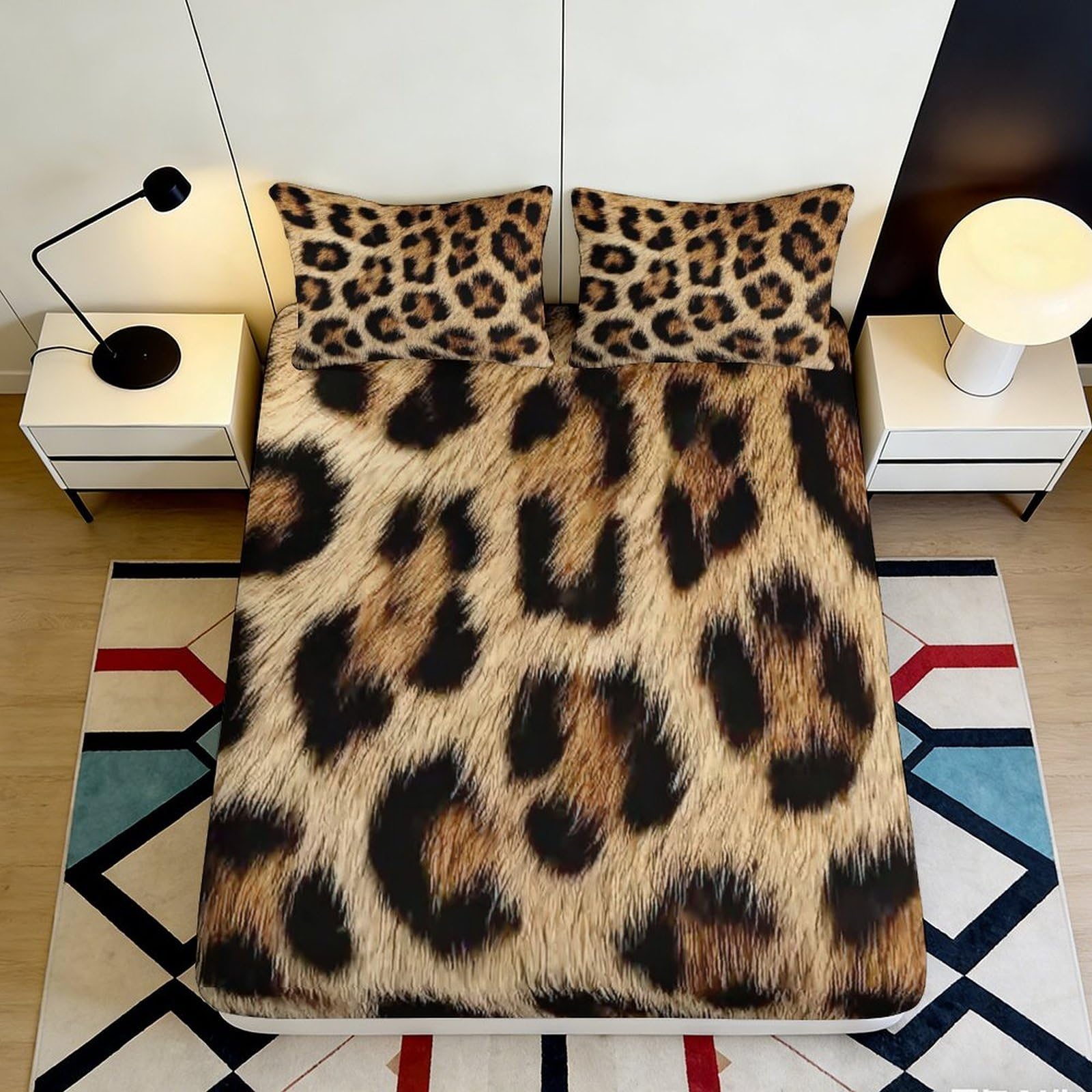 3D Printed Leopard Pattern Fitted Sheet Microfiber Soft Decorative Animal Skin Bed Cover for Bedroom Guest Room 90x200x25cm