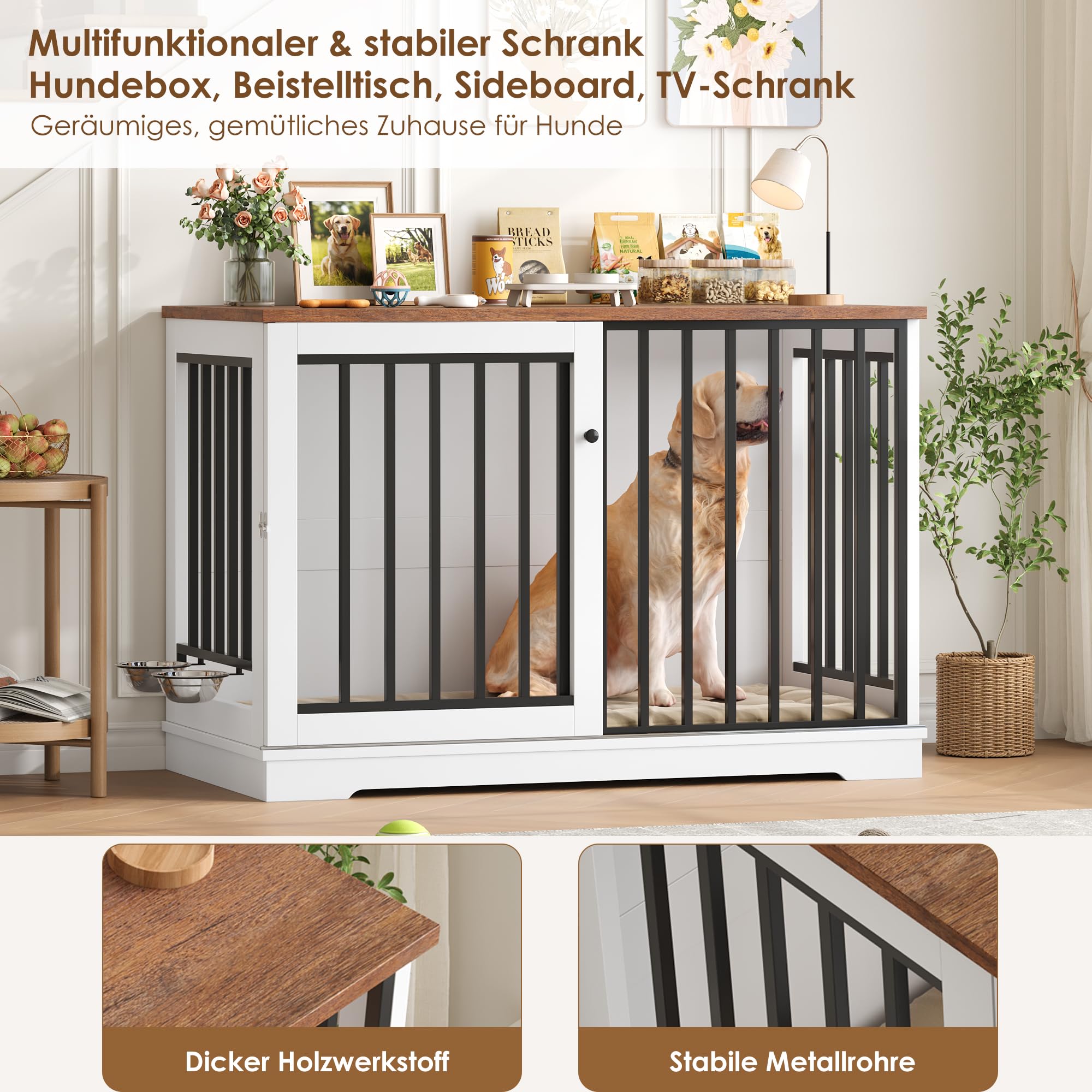 FirFurd Hundekäfig Möbel 120cm breit Hundebox für Zuhause Hundehütte XXL Hundekäfig aus Metall und Holz Hundebox für große Hunde 120 x 90 x 60 cm Braun & Weiß
