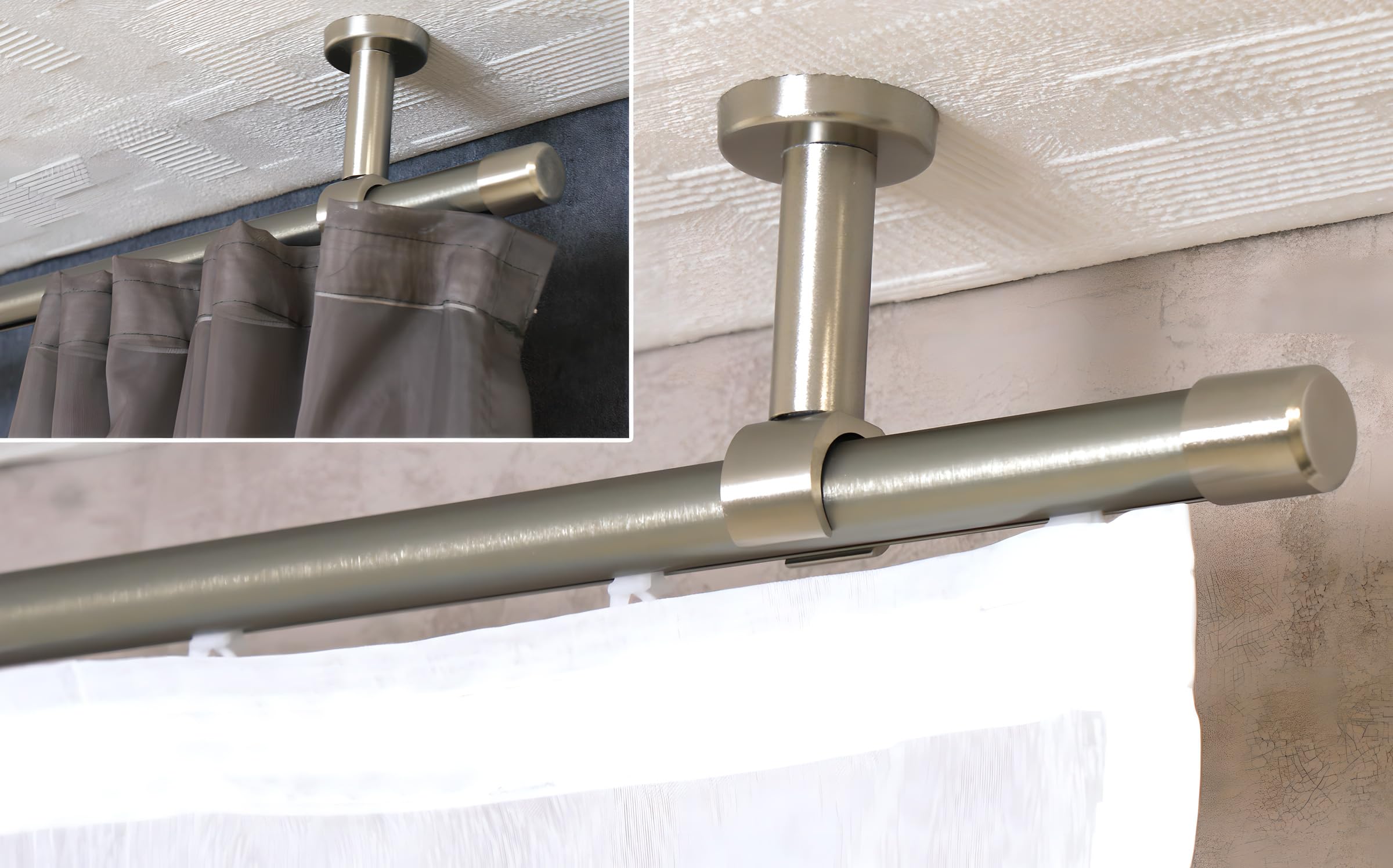 iso-design Gardinenstange Innenlauf zur Deckenmontage 20 mm Durchmesser in Farbe Edelstahl, Innenlaufstange mit Deckenhalter, Endstück Kappe, 280 cm (2 x 140 cm)