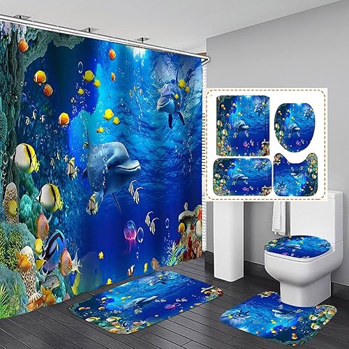 OLEBETY - Juego de 4 cortinas de ducha con diseño de delfín, medusas de peces tropicales, algas marinas, vida marina, animales marinos, decoración