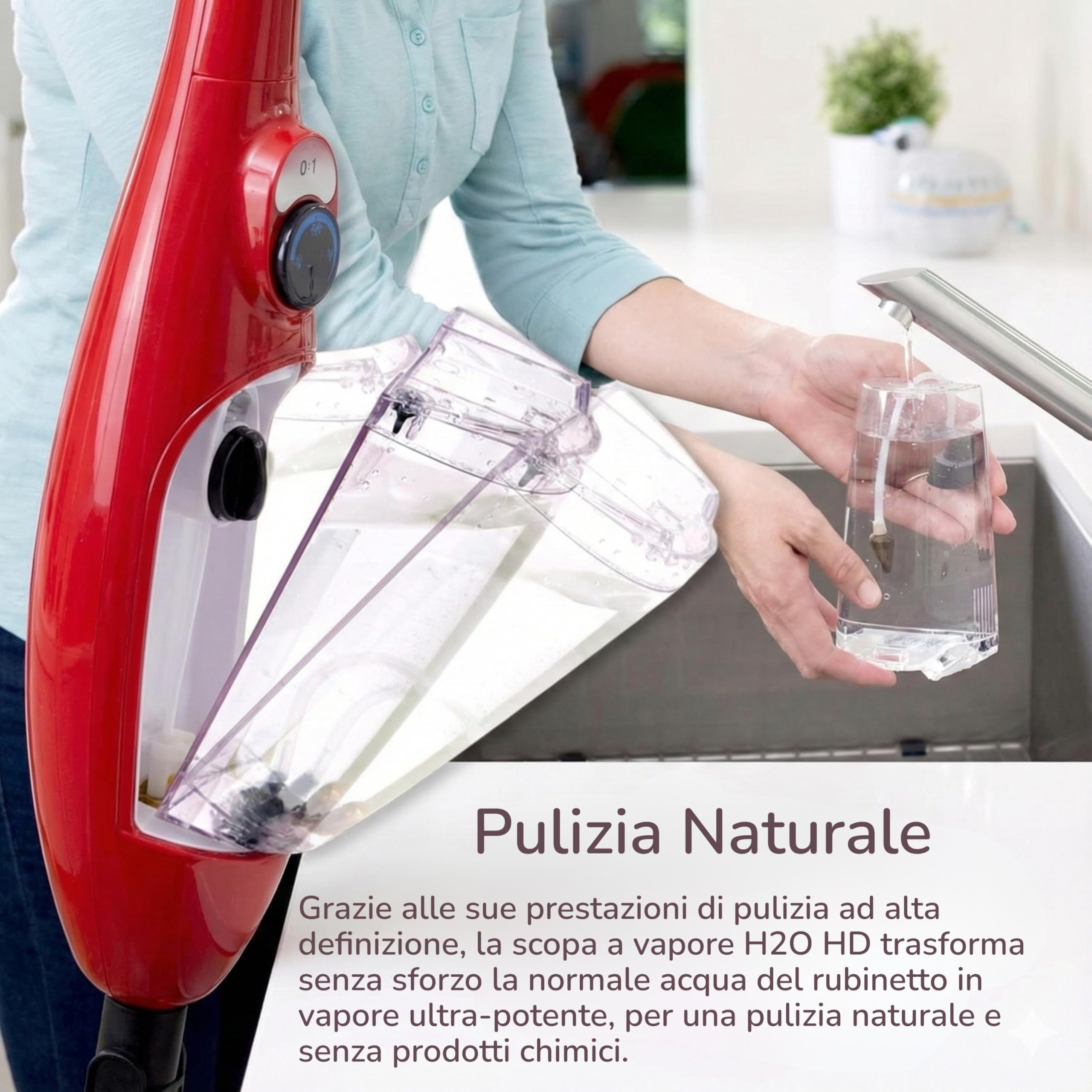 H2O X5+ Scopa A Vapore 2 In 1 E Pulitore Portatile Rosso – Lavapavimenti Multifunzione Tappeti Vetri – Pronta In 15 Secondi – Accessori Inclusi