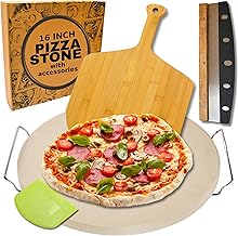 Large Pizza Stone for Oven 16 inch - Round Pizza Stone for Grill with Handles, Wood Pizza Peel and Cutter Set - Baking Stone for Bread - Pizza Making Kit Accessories - Gifts for Food Lovers