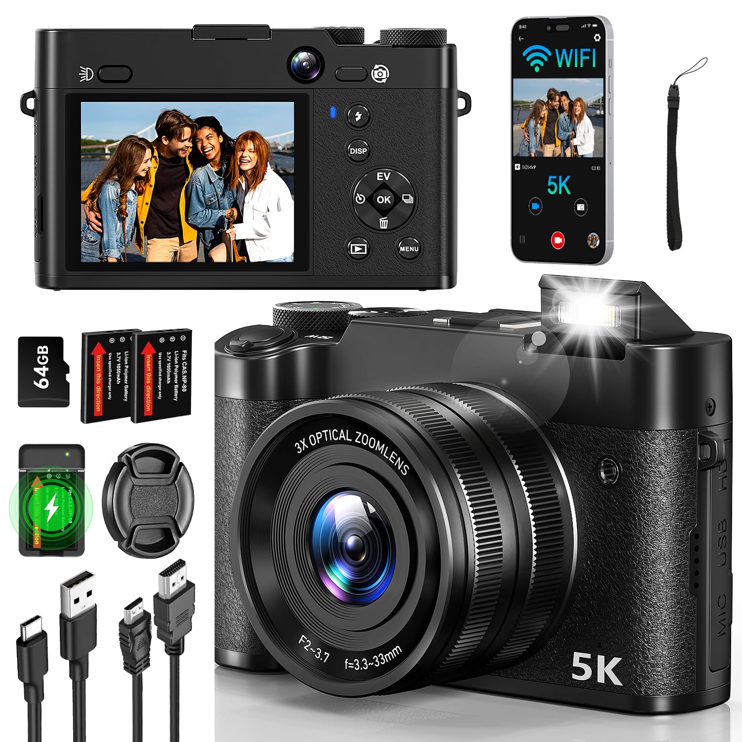 5K 64MP Digital Camera, WiFi Cameras for Photography & Video, 3X Optical Zoom Autofocus Travel Vlogging Camera for YouTube, 64GB Card, 2 Batteries