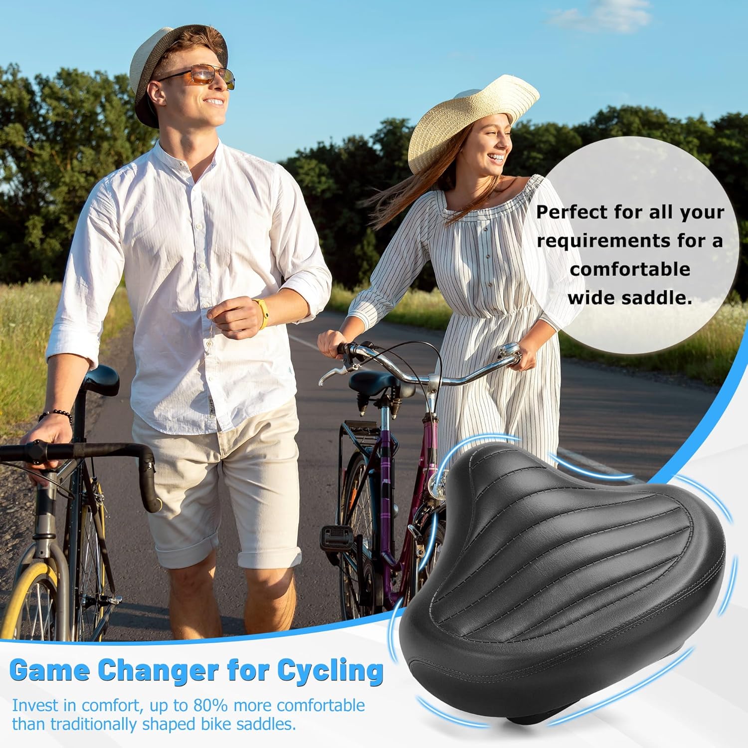 CDYWD New Noseless Bike Seat for Men Women Comfort Wide, Large Soft Padded Bicycle Seat, Comfortable Replacement Bike Saddle for Peloton, Stationary Exercise Bike, MTB, Beach Cruiser, Ebike, City Bike