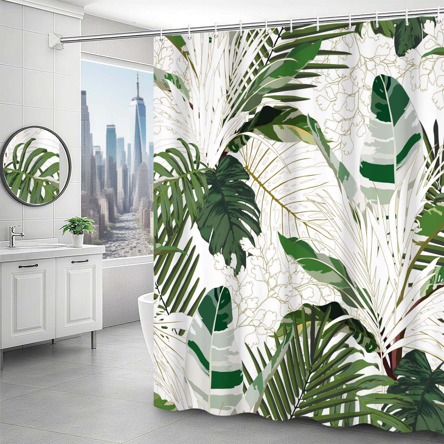Rideau de douche moderne avec crochets - Tissu lavable et imperméable vert - 183x213 cm