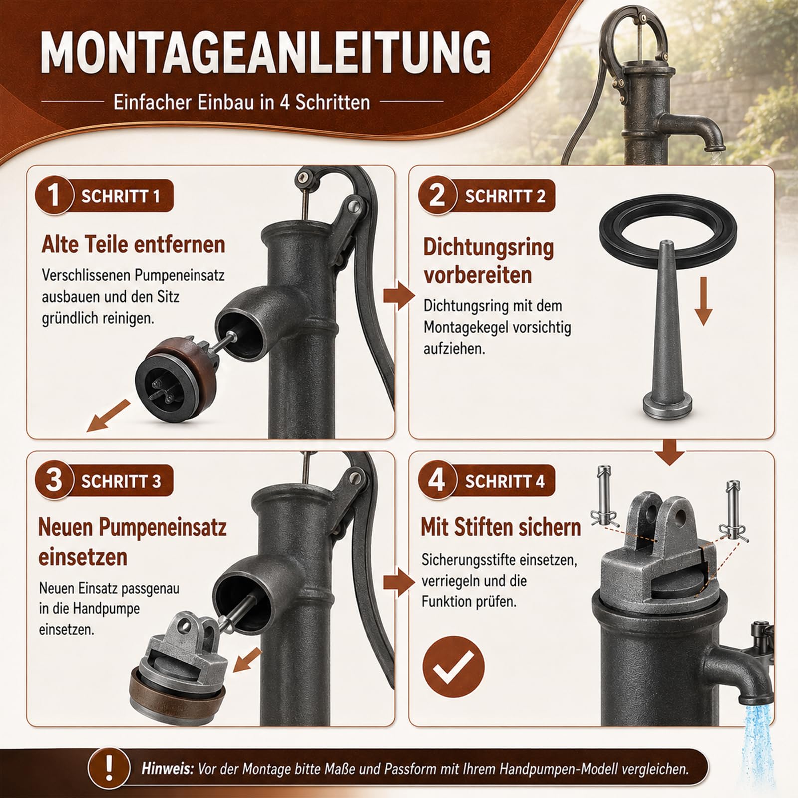 Ersatzteile für Schwengelpumpe Typ 75, Handschwengelpumpe Ersatzteile mit Ledermanschette Dichtungsring Nasenstechventil Bolzen Satz Kolben Komplett für Wasserpumpen Pumpendichtung, Gartenpumpe Baumarkt