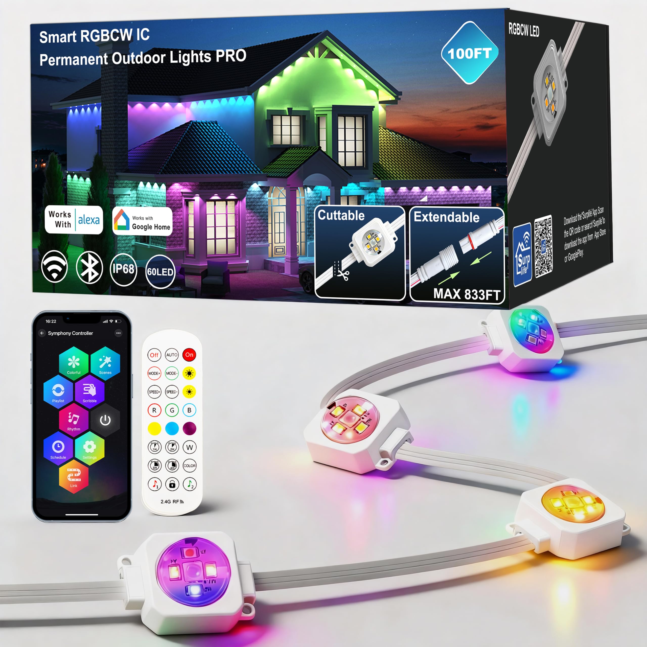 View 1 of 100ft Permanent Outdoor Lights Pro, 60 RGBCW+IC LED String Light Cuttable