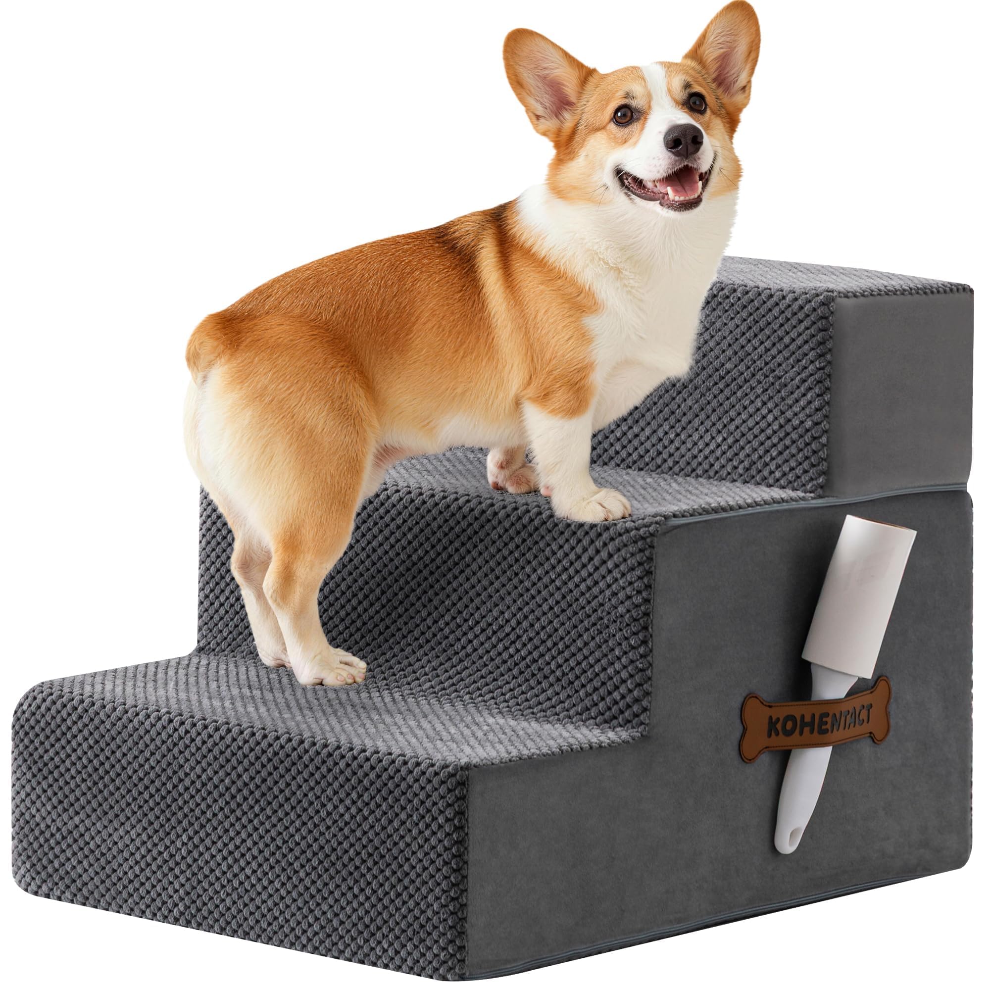 Escalera para Perros y Rampa para Cama Alta y Sofá, 33-61 cm Escaleras Desmontables para Perros Pequeños y Medianos, Espuma 40D Robusta, Antideslizante, Funda Lavable con Rodillo Quita Pelusas, Gris