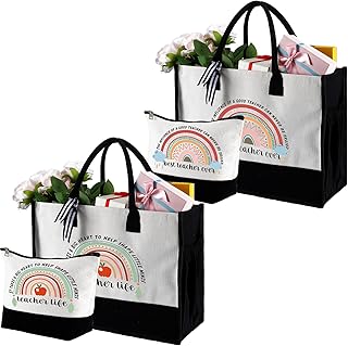 4 Pieces Teacher Appreciation Gifts for Women Include 2 Teacher Appreciation Tote Bag and 2 Teacher Makeup Bags Teacher Canvas Bags for Teachers Day Graduation Travel School Work