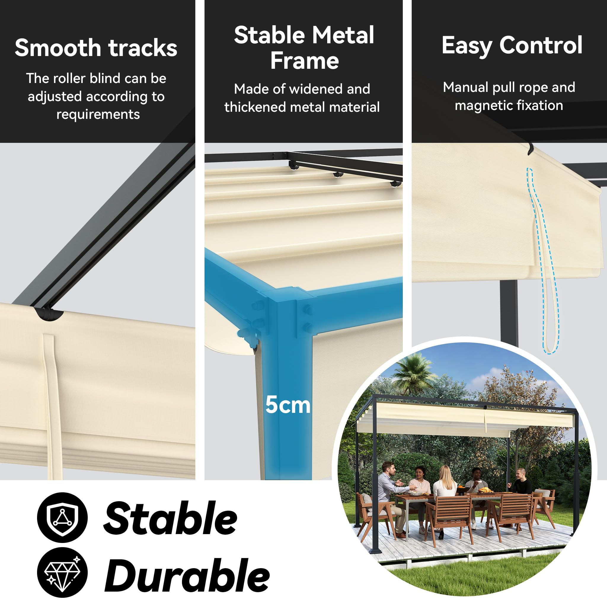 UISEBRT Pergola in metallo, 3 x 4 m, impermeabile, stabile, resistente all'inverno, gazebo con tetto a lamelle, tettoia parasole autoportante, con tetto scorrevole, per giardini e terrazze, beige