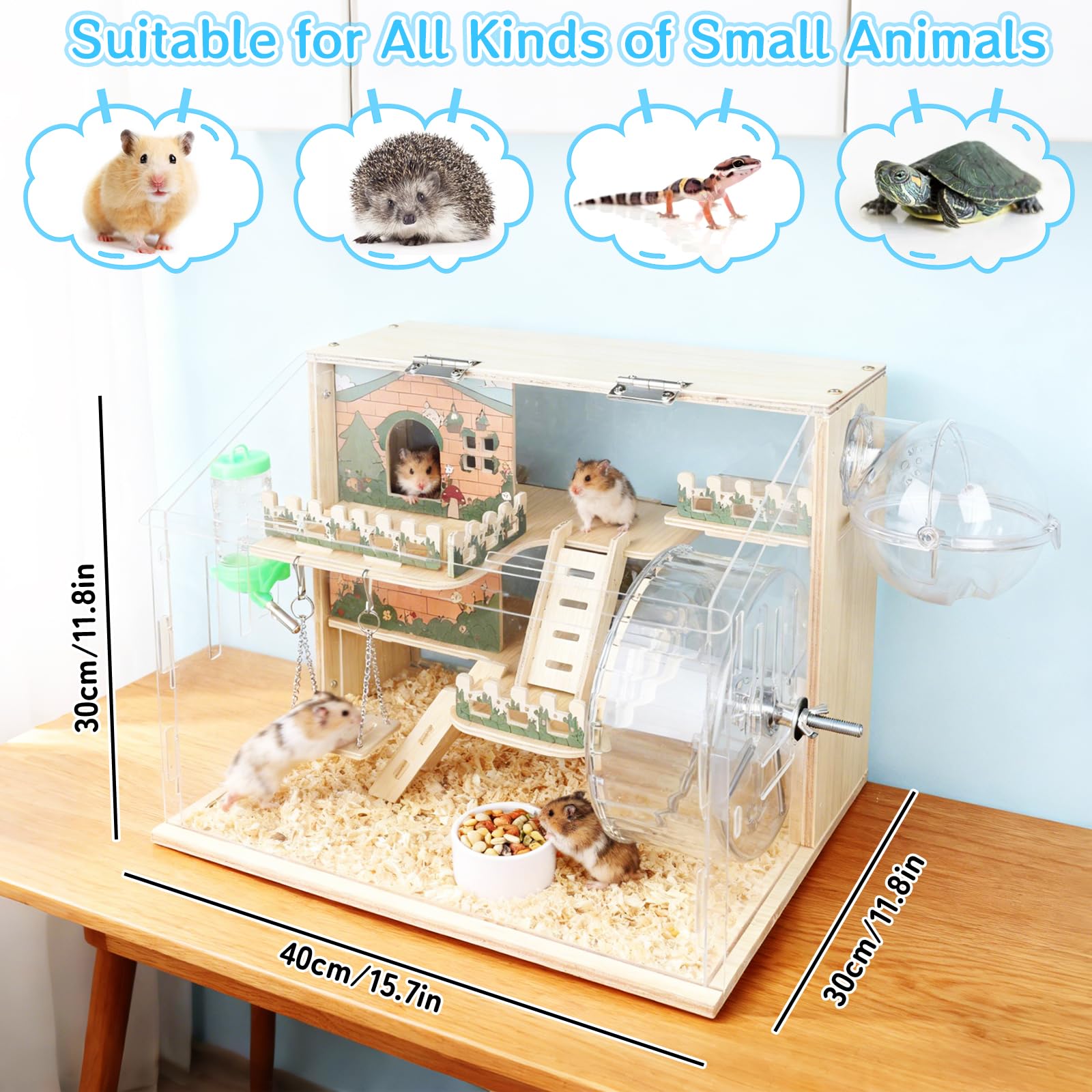 Hamsterkäfig aus Holz, für Rennmäuse, Ratten, Meerschweinchen, Mäuse | Hamsterhabitat mit 270°-Sicht, Belüfteter Kleintierkäfig mit gut einsehbaren Acrylplatten