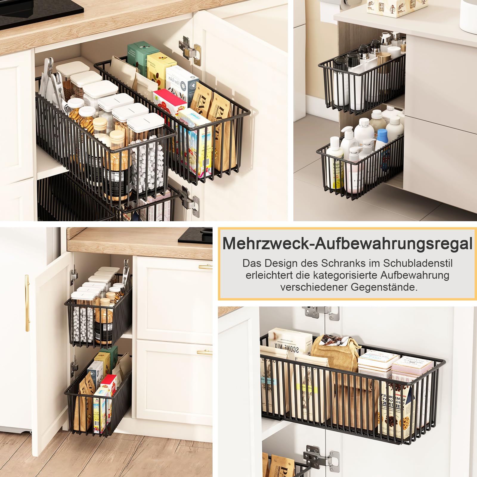 4er-Pack ausziehbare Korbschubladen für Schränke, abnehmbarer Zugkorb, ausziehbare Korbschubladen, Speisekammerorganisation Küche Aufbewahrungsregal Korb für Schrank, Restaurant, Badezimmer