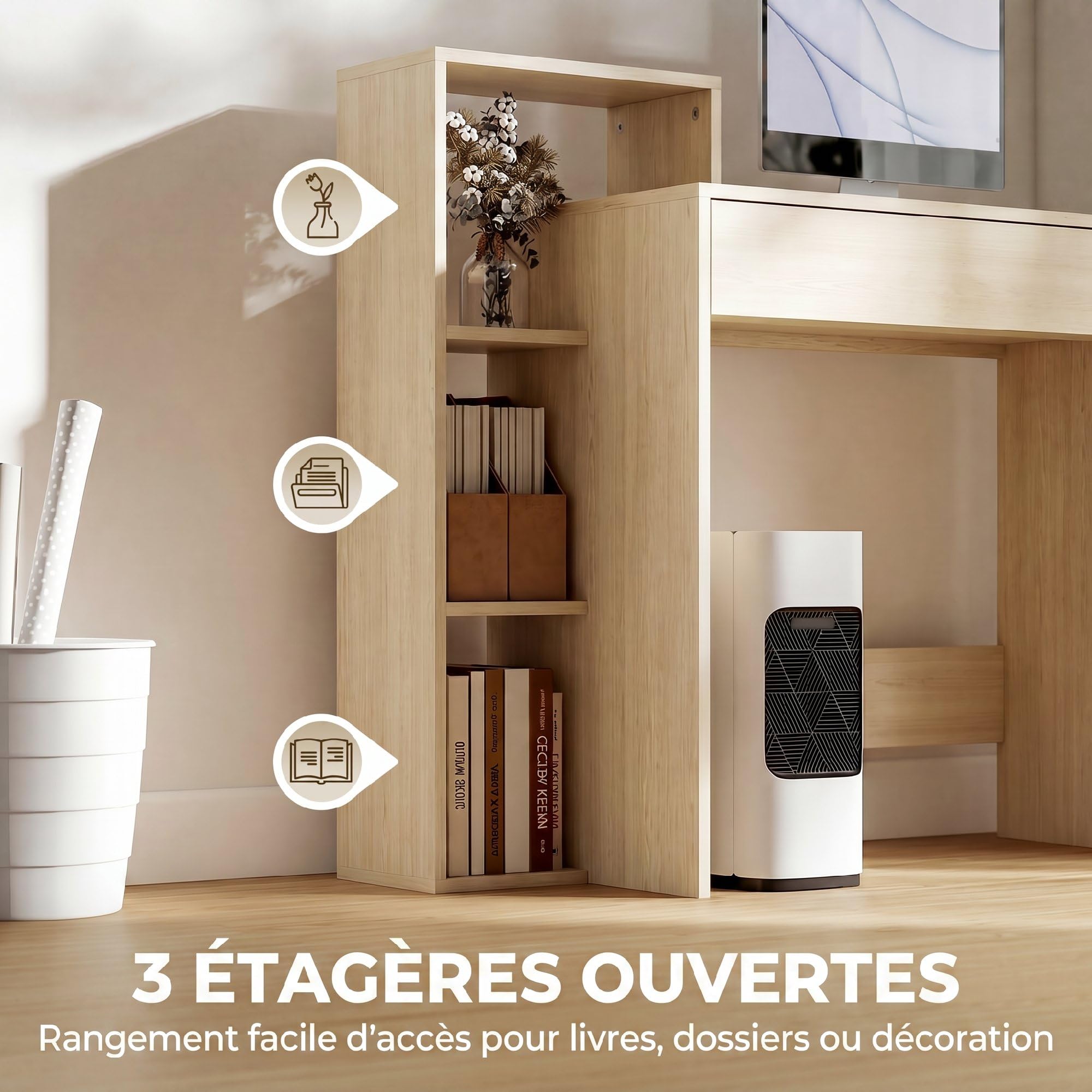 HOMCOM Escritorio PC con Almacenamiento, 100x40x90cm, Natural | con 3 estantes, cajón, estación de trabajo, Escritorio de computadora para teletrabajo, sala de estar