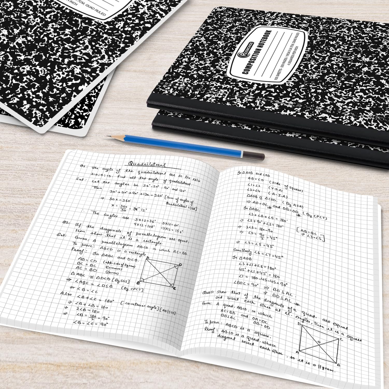 Rosmonde Graphpapier-Notizbuch, 5er-Pack, 200 Seiten (100 Blatt), viereckig liniertes Notizbuch, Graphpapier-Notizbücher, 4x4 Gitter-Notizbuch, schwarzer Marmor, genähter Hardcover, 24,7 x 19,1 cm