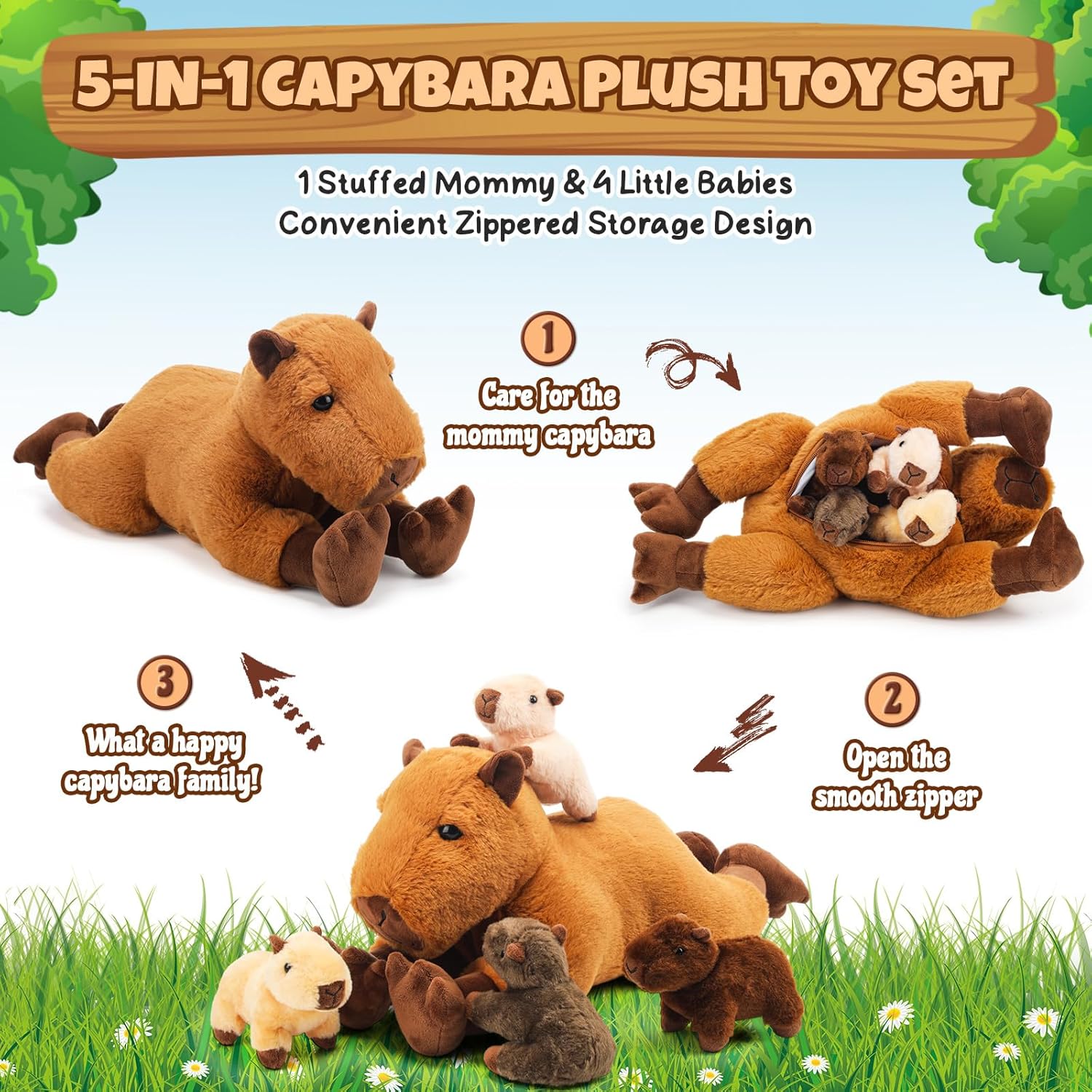 5 Pcs Capybara Stuffed Animals Capybara Plush Gift for Stuffed Mommy Kids with 4 Cute Babies Inside Soft Plushies for Birthday Party Gifts Operation Christmas(Dark Color,Lying Style) - Image 3