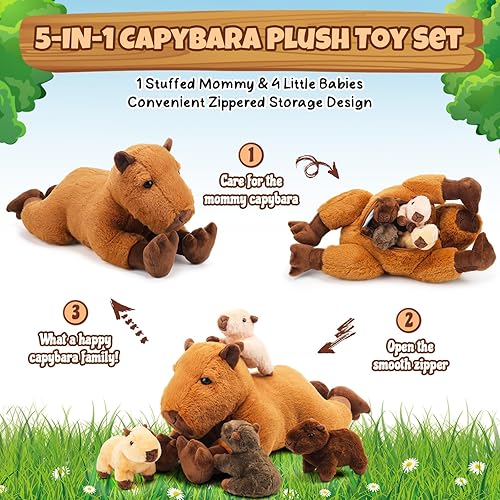 Miniatura 10 de Juego de 5 peluches Capybara de Capybara, regalo para niños y mamás, con 4 lindos bebés en el interior, peluches suaves para niños y niñas