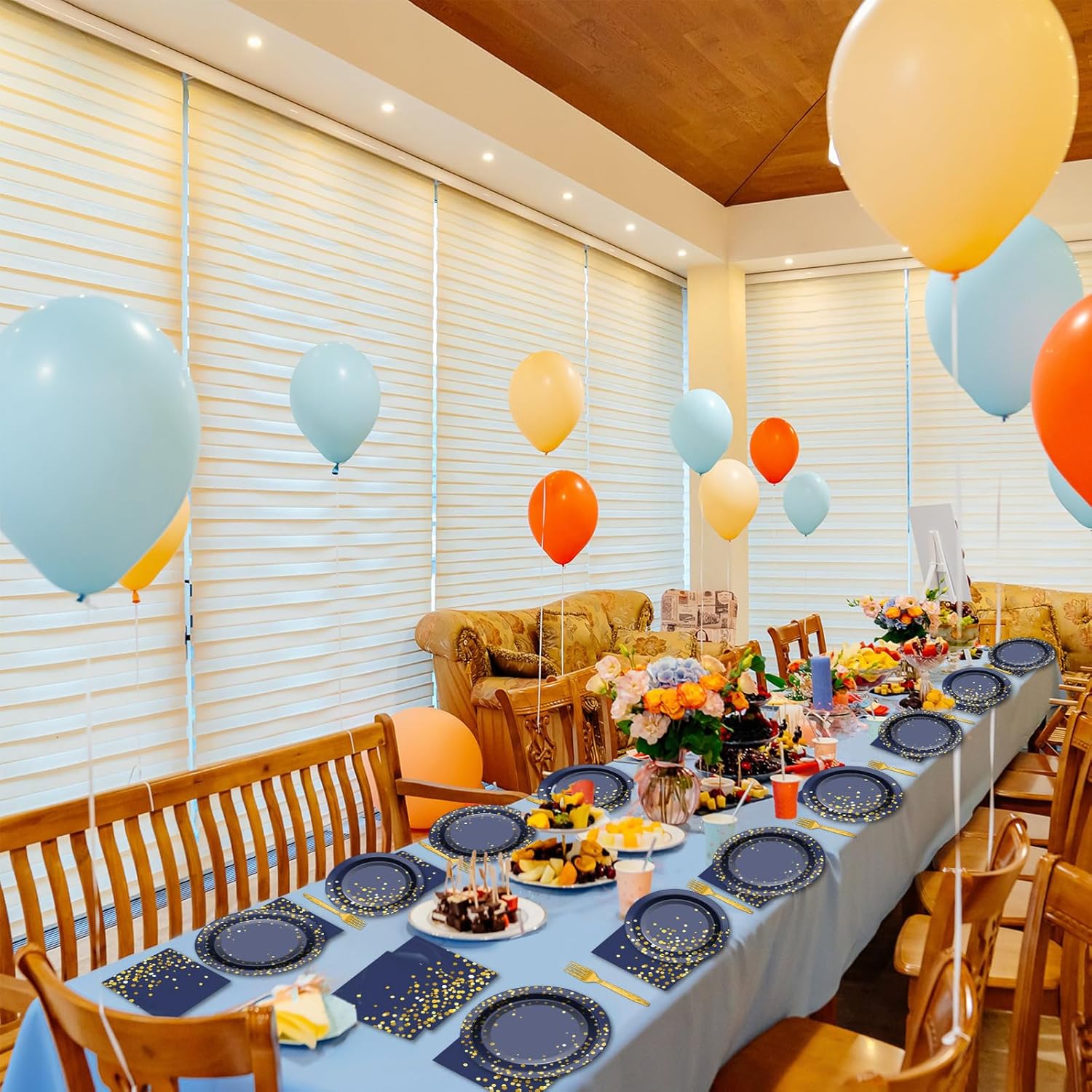 gisgfim 50 Guests Blue and Gold Party Supplies Decorations Tableware Set Blue and Gold Paper Plates Napkins Disposable Plates Graduation Tableware for Men Women Happy Birthday Party Decorations 200PCS