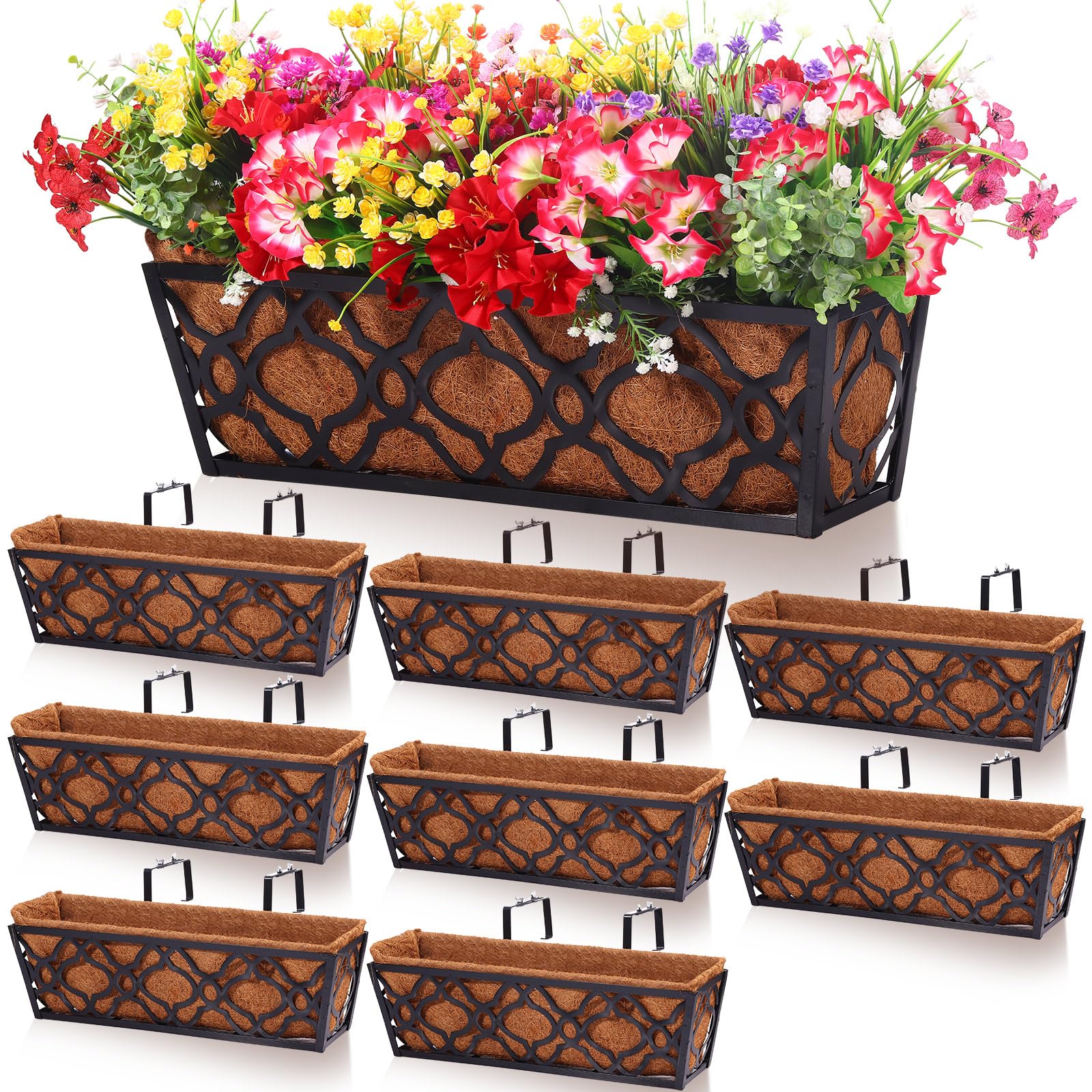 Photo 1 of 8 Pack Metal Deck Railing Planters Window Boxes Planters 24 Inches Window Deck with Coconut Coir Liner Hanging Railing Plant Holder Fence Pots for Flower Porch Balcony Garden Trough Patio