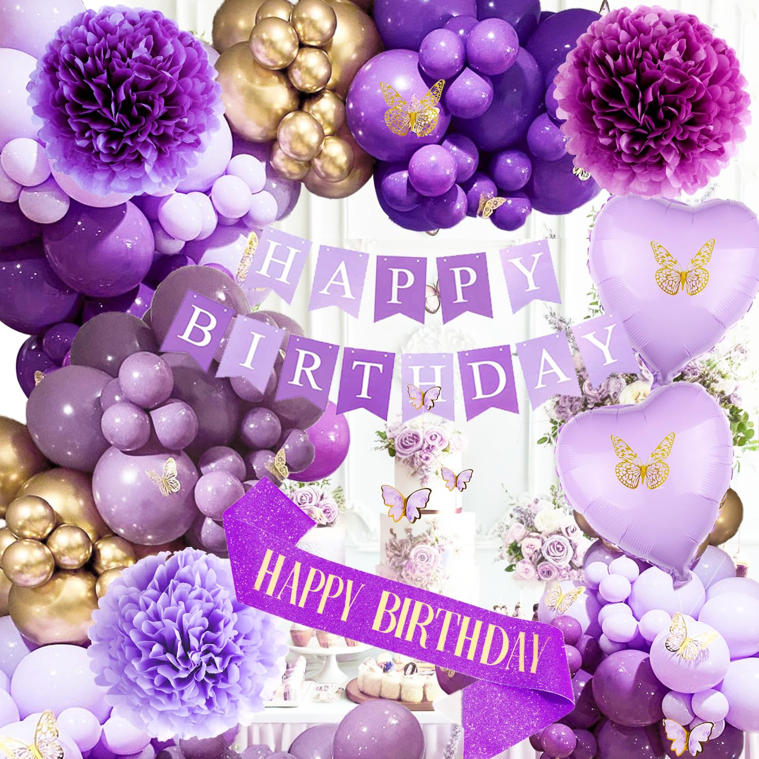 Purple Birthday Decorations - Birthdays Decoration for Women,Violet Lavender Party Decorations - Purple and Gold Balloons,Happy Birthday Banner for