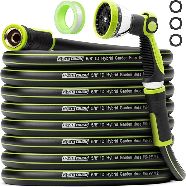 HoseTough Heavy Duty Garden Hose 100ft x 5/8” – Flexible Water Hose, Leak-Proof, Lightweight Hybrid Hose with Swivel Handle & 10 Function Spray Nozzle – Durable Outdoor Hose, Kink Free