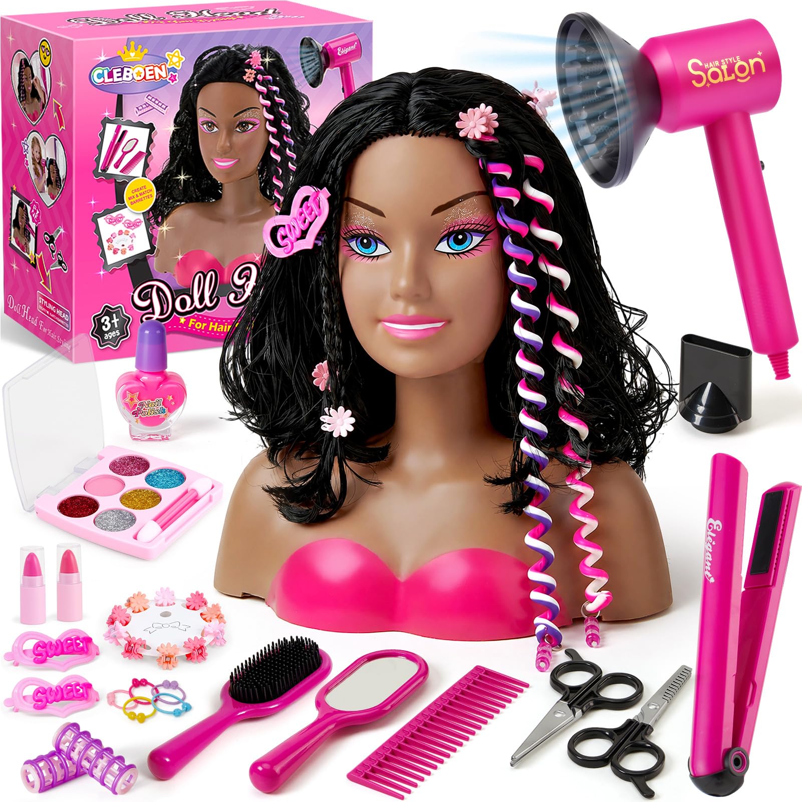 Tacobear Tête à Coiffer Enfant avec Sèche-Cheveux Lisseur Maquillage Vernis à Ongles Accessoires de Coiffure Set Jouet Fille 3-6 Ans