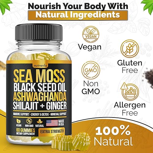 Miniatura 2 de Gomitas de musgo marino, aceite de semilla negra, Ashwagandha, jengibre, shilajit con saúco, clorofila, cúrcuma, vejiga de musgo marino, fórmula