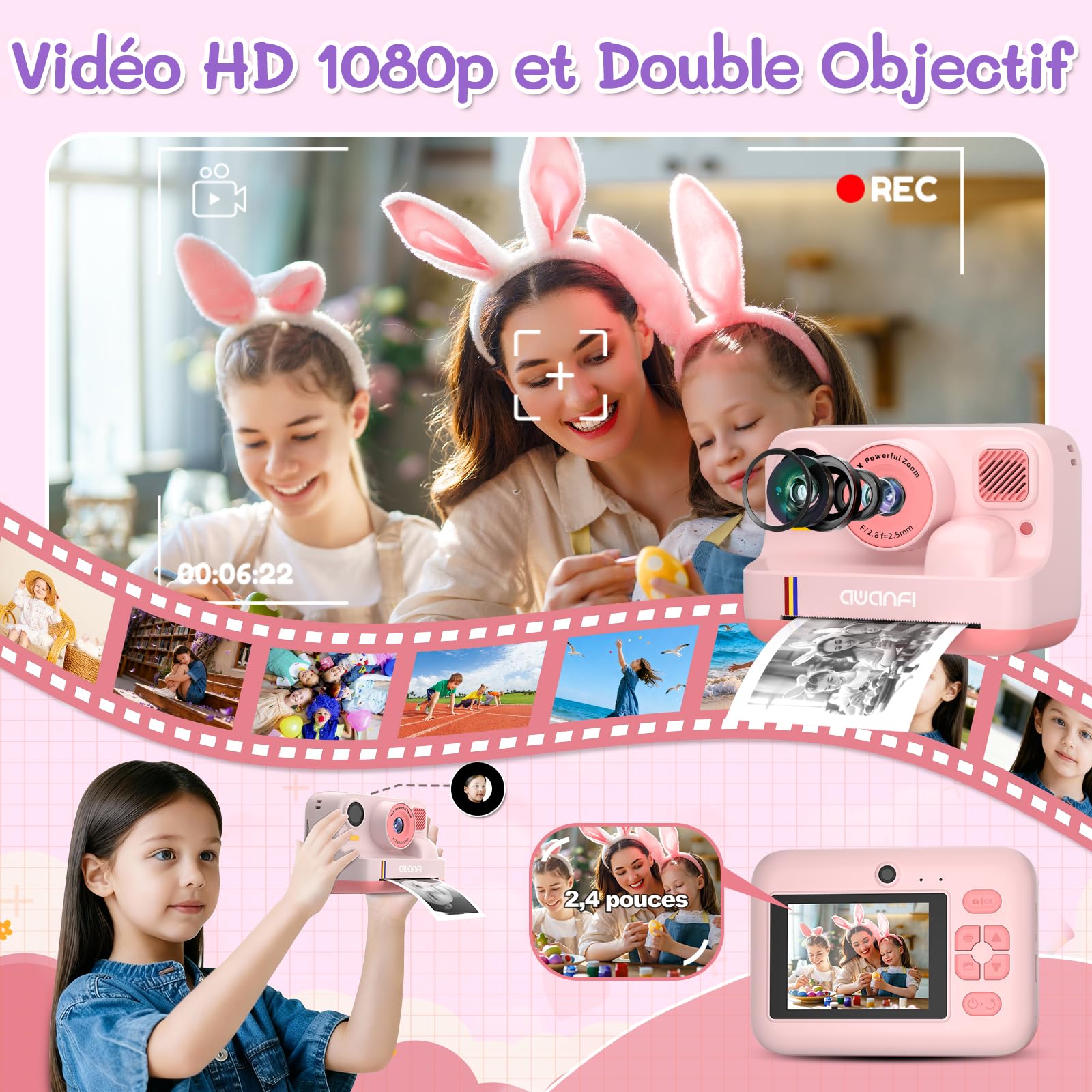 Appareil Photo Instantané Enfant Cadeau Jouet Fille Garçon 3-12 Ans, AWANFI Caméra Numérique Vidéo 1080P Carte 32GB avec 3 Rouleaux de Papier et Impression APP Bluetooth