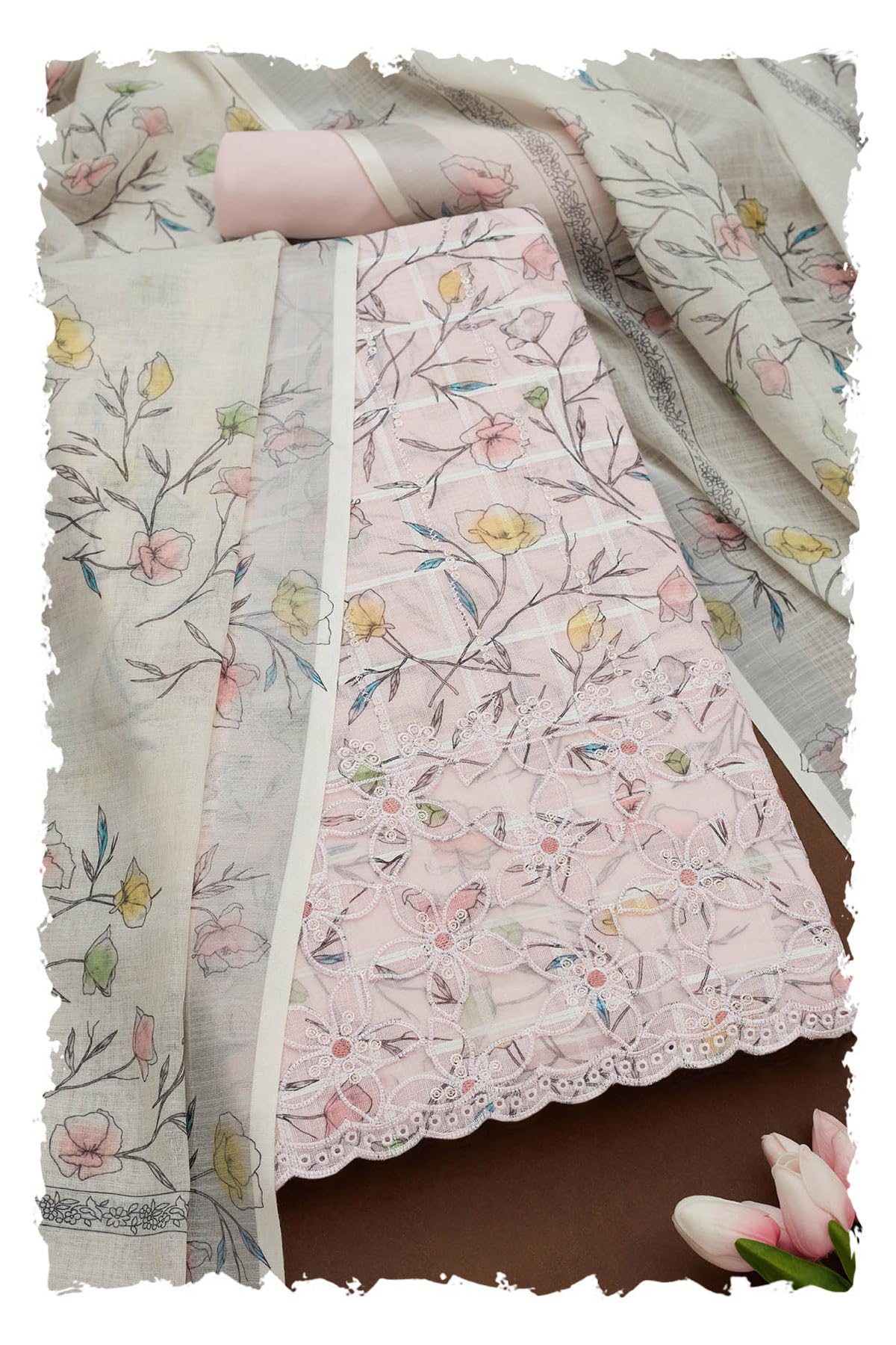 Womens Linen Floral Unstitch Dress Material With Thread Work-image-33