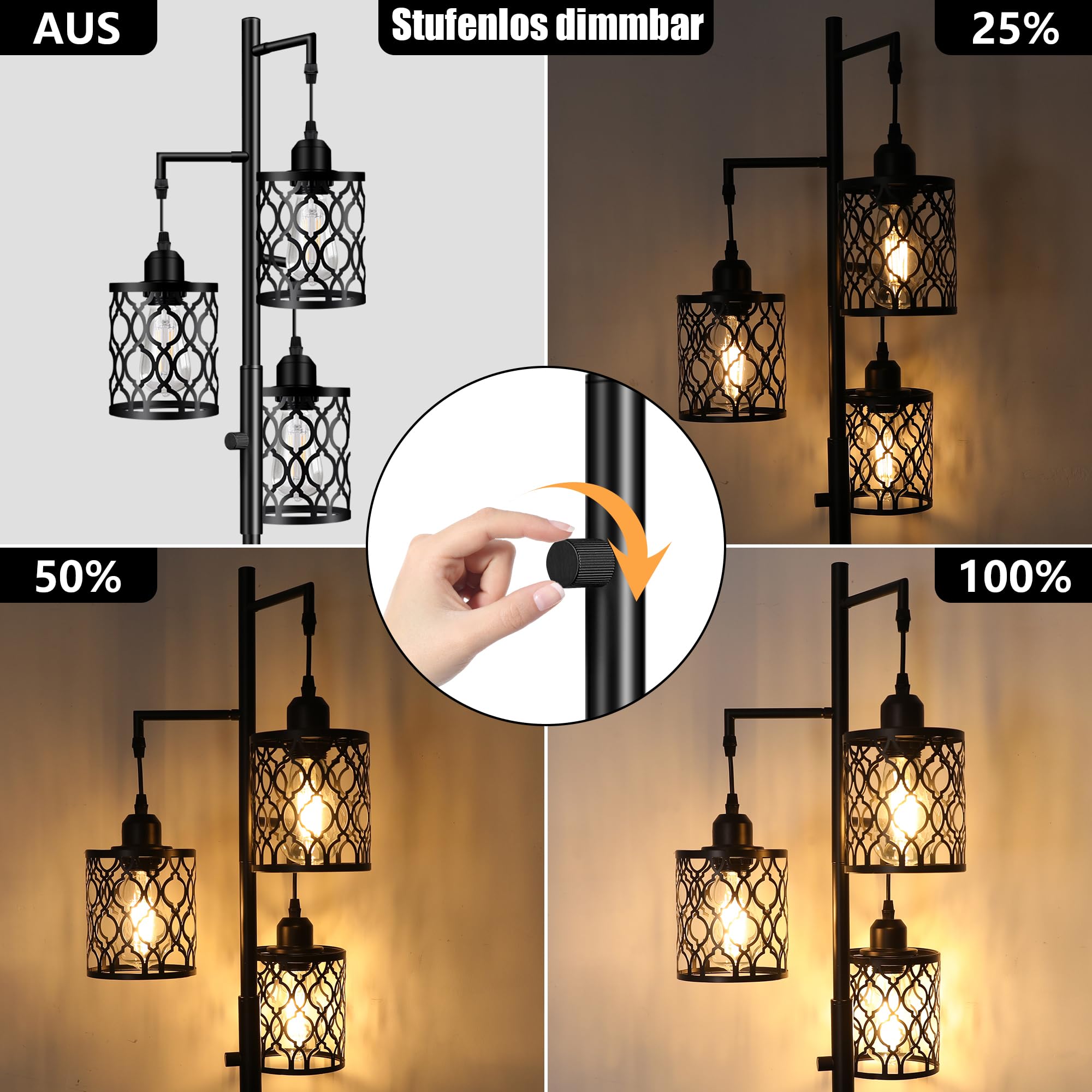 ROTTOGOON Dimmbare 3 flammige Landhaus Standleuchte 172cm Industrielle Stehlampe mit 3x6W LED für Wohnzimmer Schlafzimmer Büro Rustikale Stehleuchte Schwarz