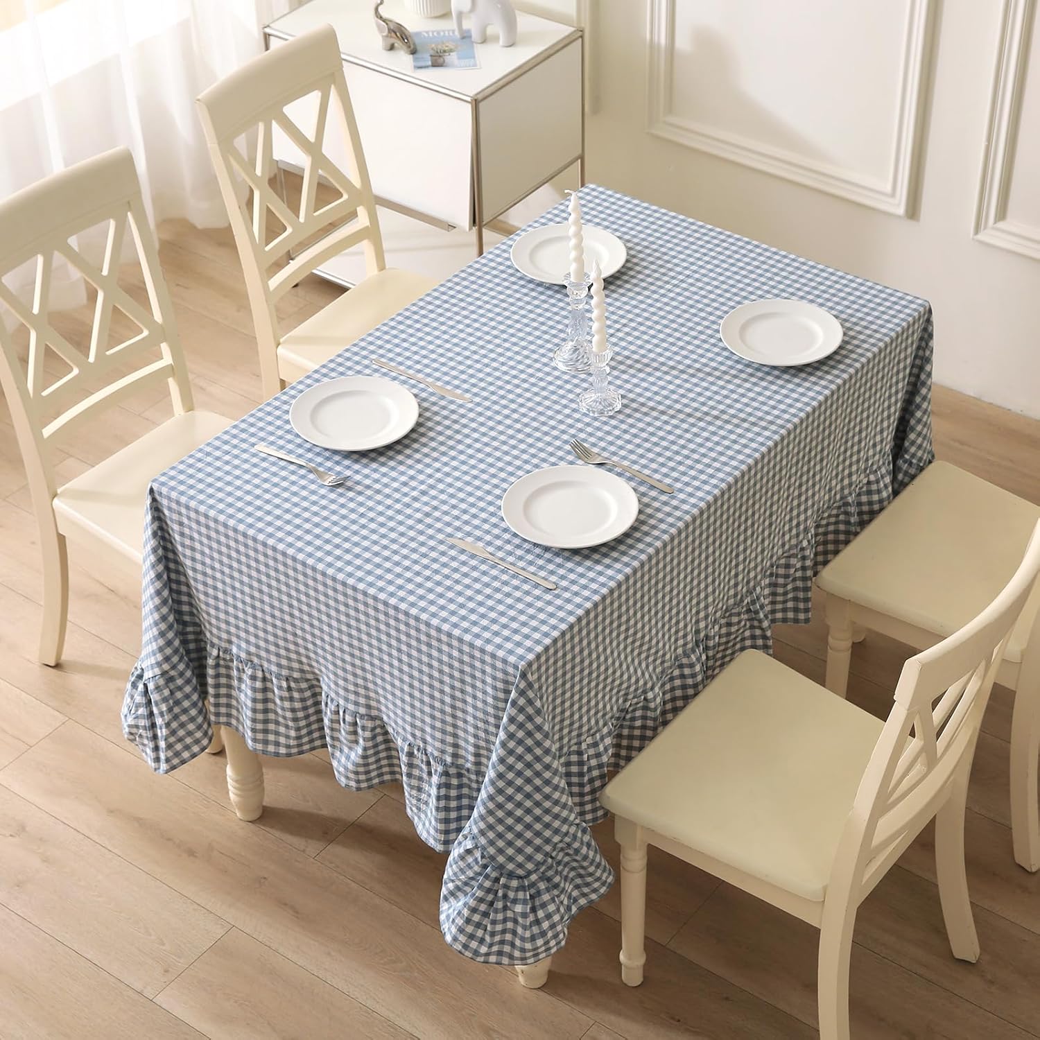 100% Cotton Dust Blue Plaid Ruffled Table Cloth for Rectangle Table Seat 4-6, Classic Farmhouse Checker Gingham Vintage Decorative Tablecloth - 70"x52"